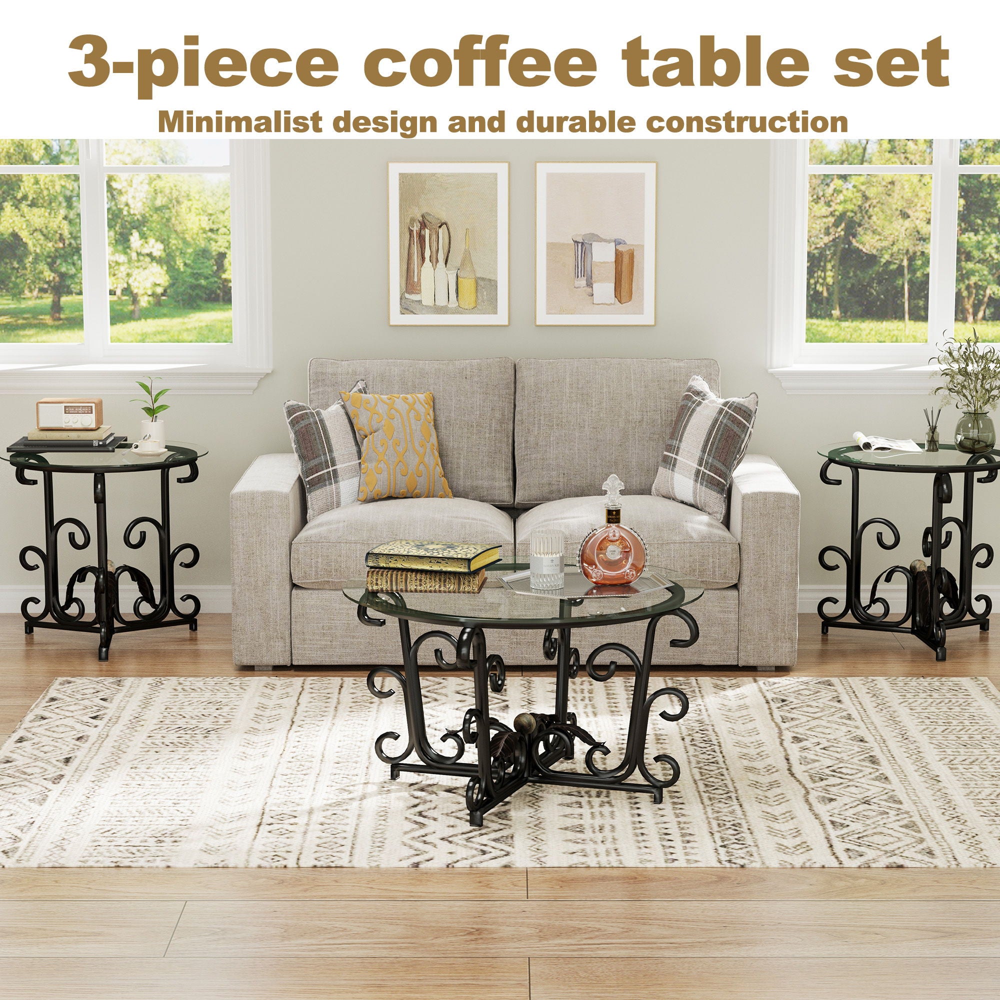 3 Piece Coffee Table Set With Tempered Glass Surface - Black