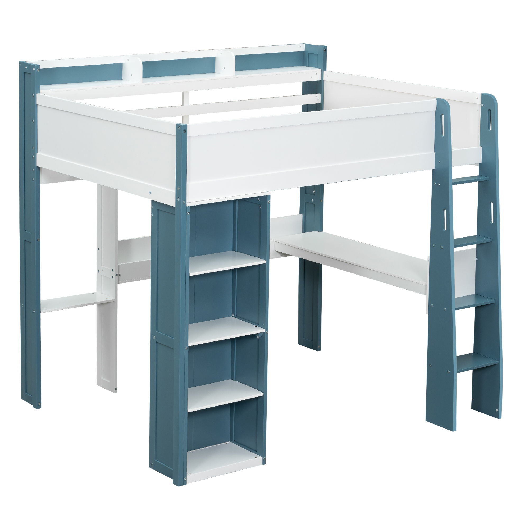 Loft Bed With Built In Storage Shelves, Clothes Rail, And Desk