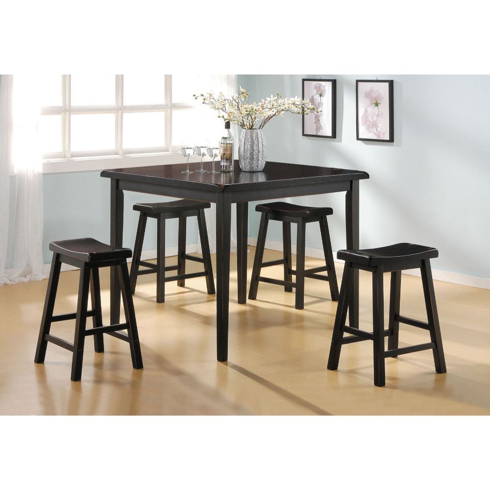 The Gaucho Counter Height Dining Set offers simplicity with a versatility perfect for any small dining space. This set boasts an space saving design, square leg table and four matching saddle style stools. The Table features a Solid Top and square legs.