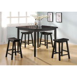 The Gaucho Counter Height Dining Set offers simplicity with a versatility perfect for any small dining space. This set boasts an space saving design, square leg table and four matching saddle style stools. The Table features a Solid Top and square legs.