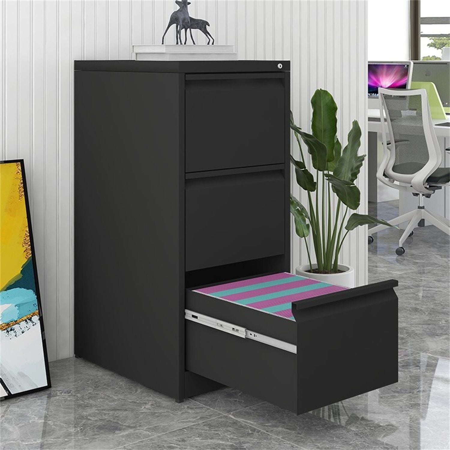 Durable Metal 3 Drawer File Cabinet With Lock For Office Storage