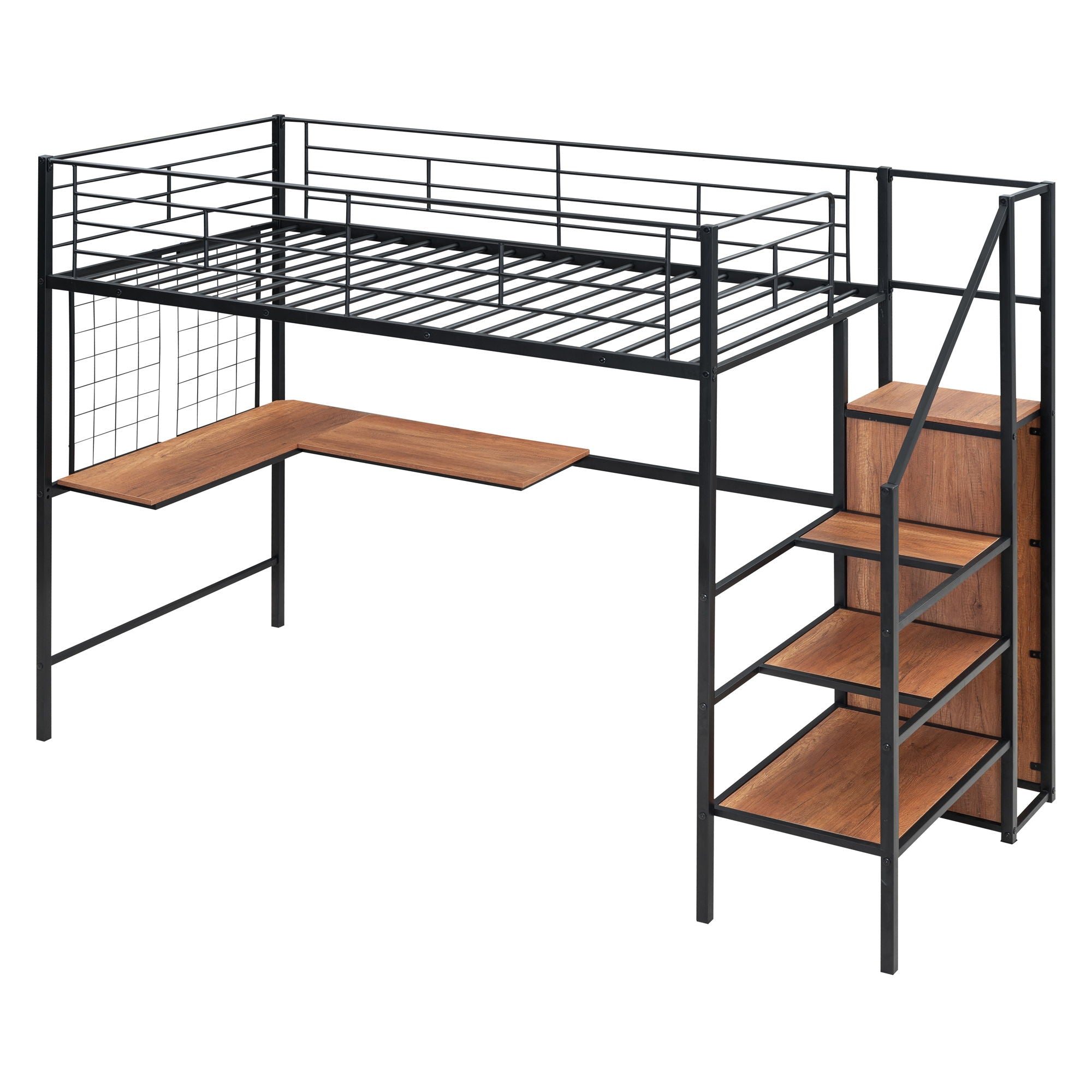 Loft Bed With Desk And Grid, Stylish Frame With Lateral Storage Ladder And Wardrobe