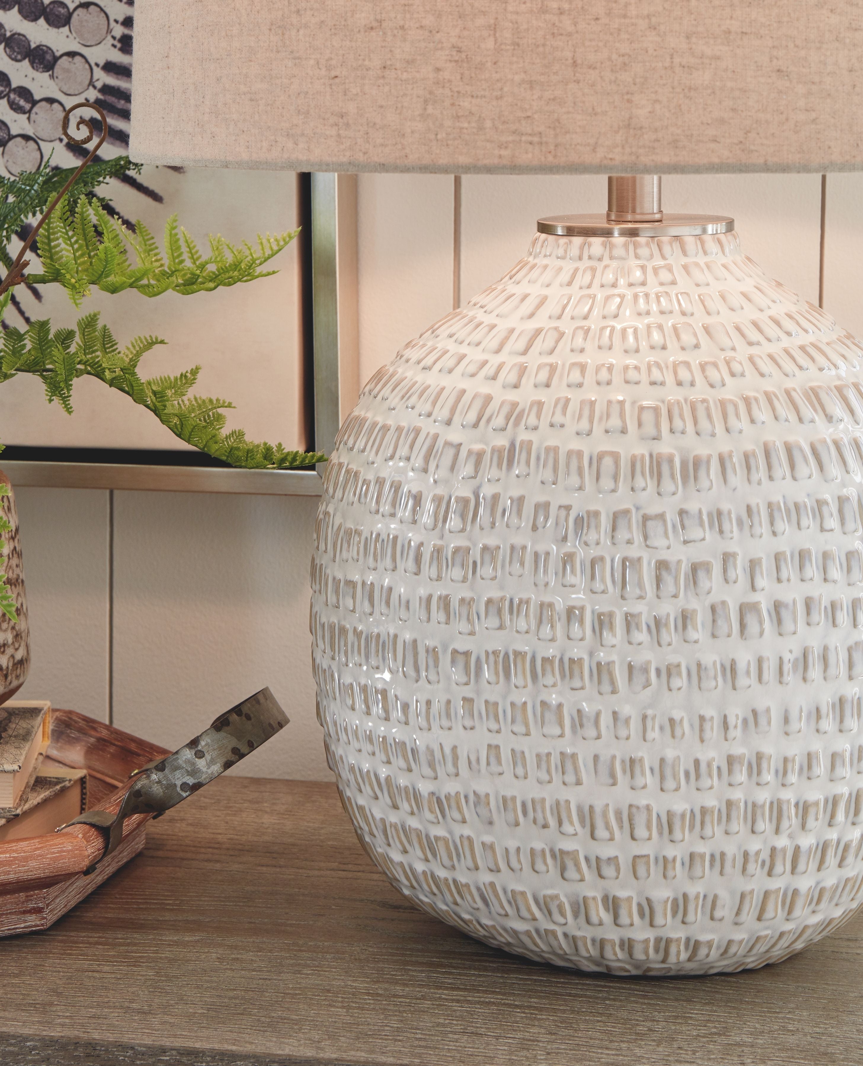 Ashley Furniture Jamon - Beige - Ceramic Table Lamp | Meri Furniture