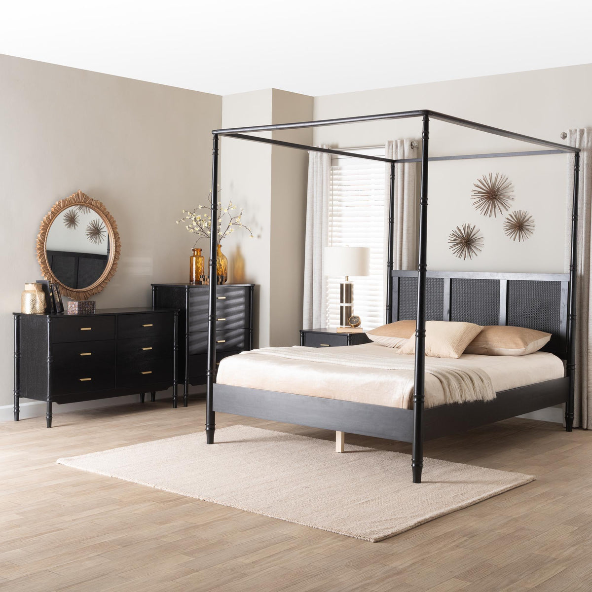 Marisela 4-Piece Black Bedroom Set - CaNopy Bed with Synthetic Rattan Headboard, Matching Dresser, Chest, and Nightstand, Modern Transitional Wood Bedroom Furniture Collection, Queen