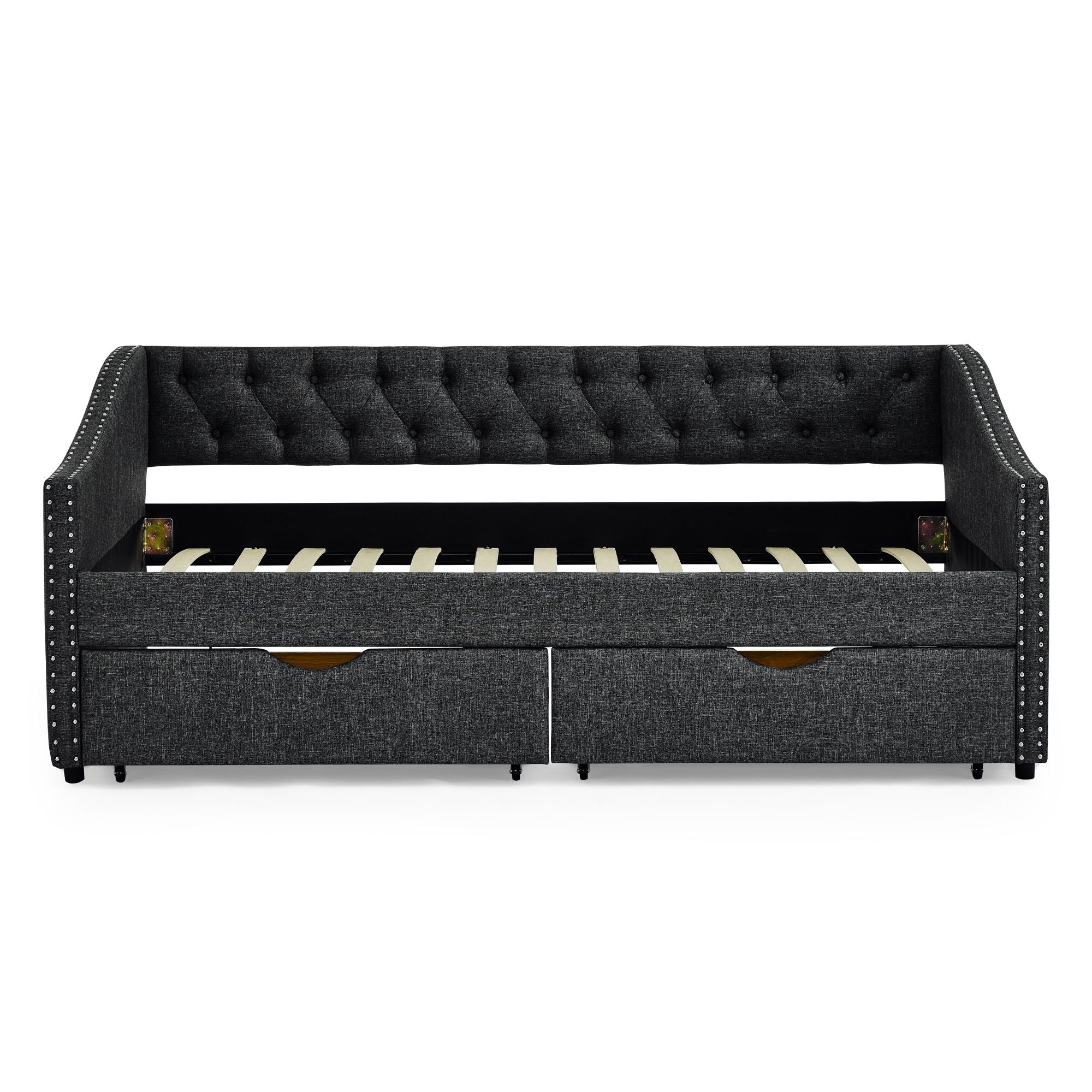 Upholstered Tufted Daybed With 2 Drawers, Waved Arms