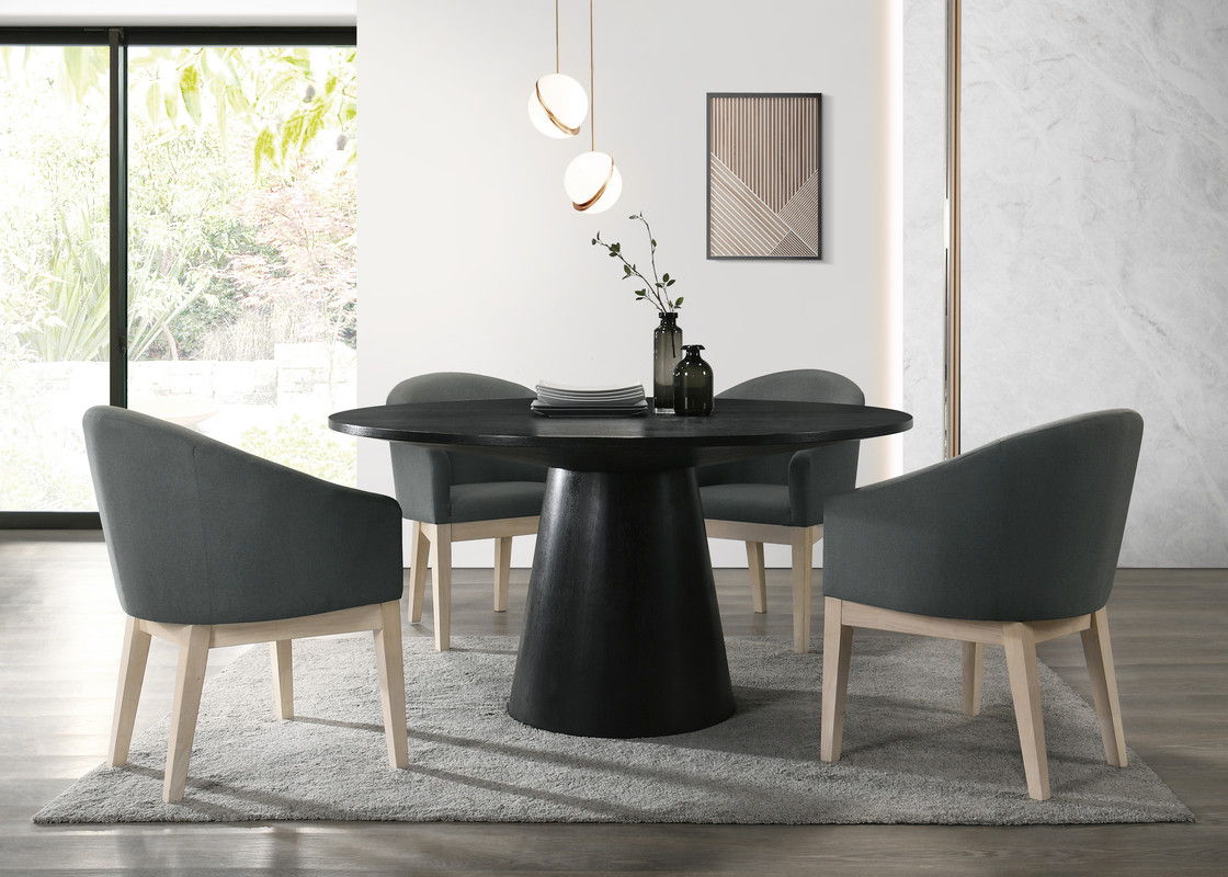 Jasper Ebony Black 5 Piece 59" Round Dining Table Set with Pedestal Base and Gray Chairs