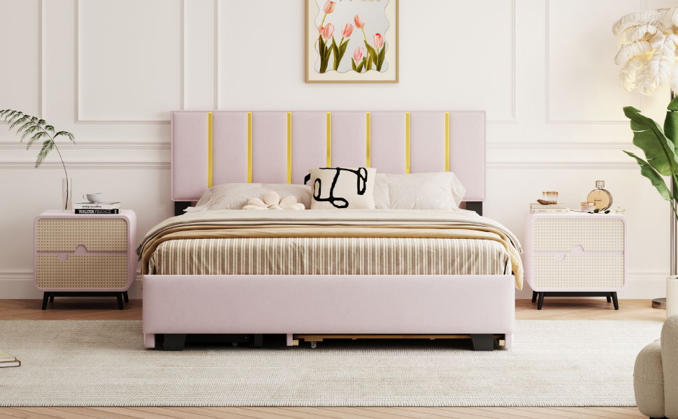 Upholstered Platform Bed With 2 Drawers And 1 Trundle, Classic Strip Headboard Design