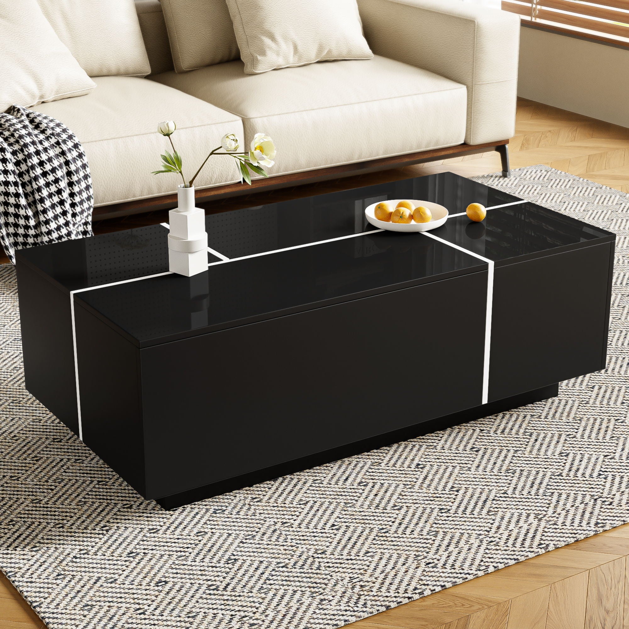 Extendable Coffee Table With 2 Hidden Storage Space And 2 Drawers For Living Room