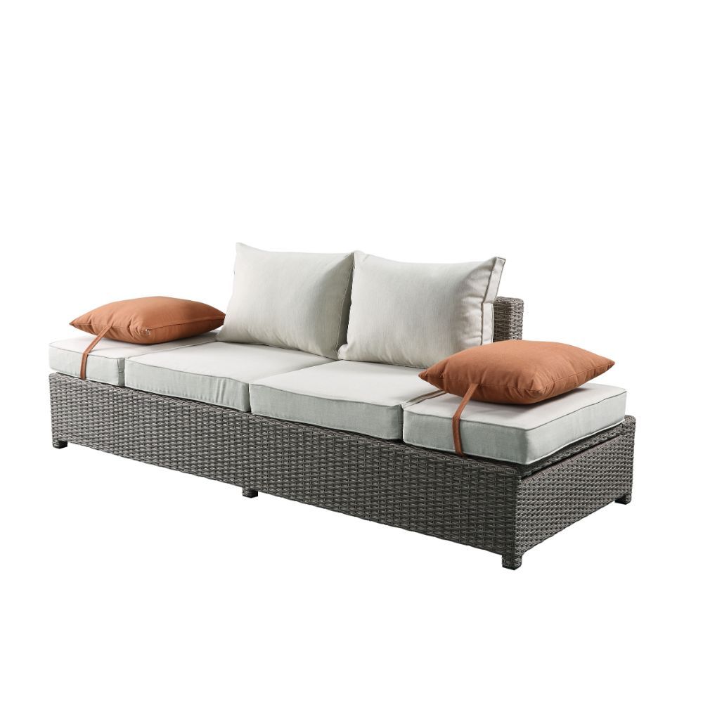 ACME Salena - Patio Sofa & Ottoman - Beige Fabric & Gray Wicker - 26" | Meri Furniture