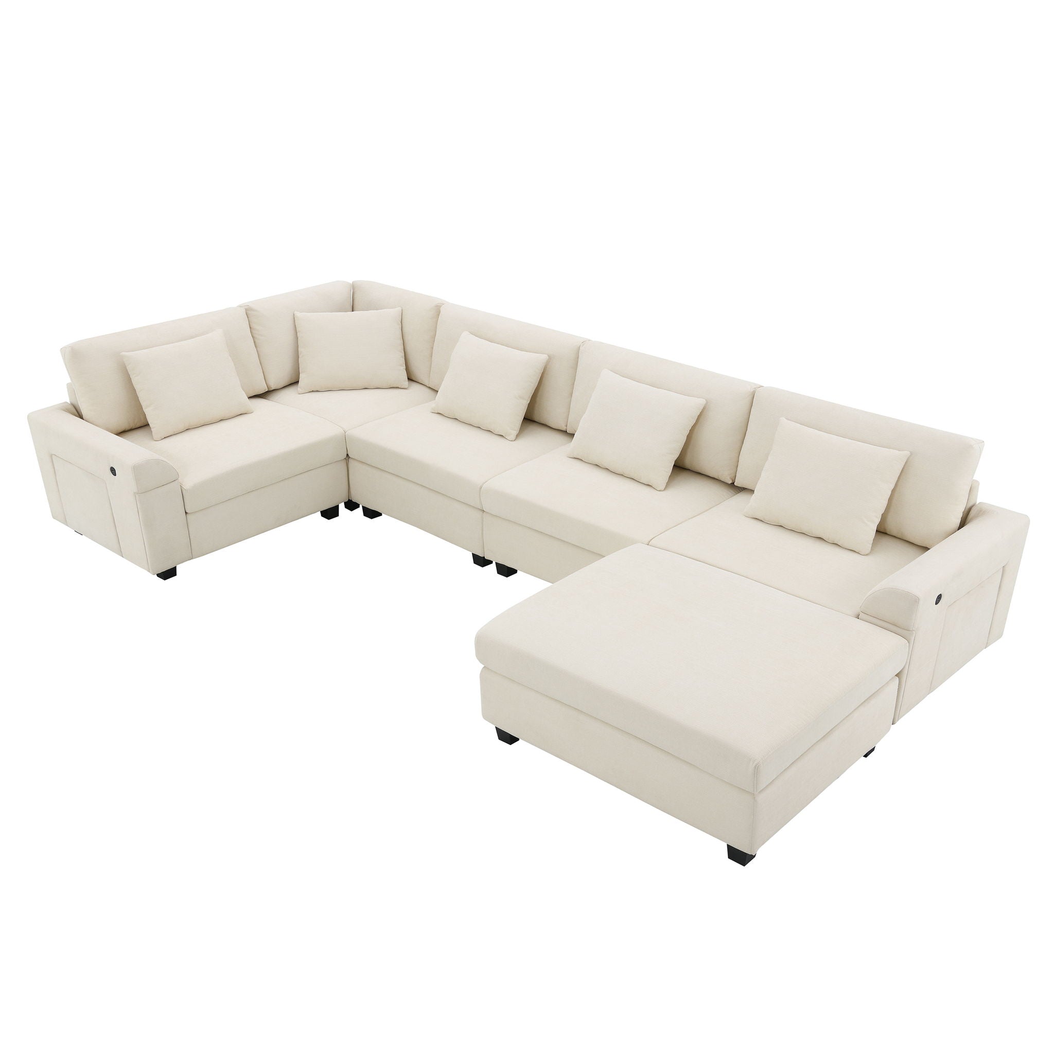 U Shaped Sectional Sofa 6 Seat Couch Set With Oversized Ottoman, Hidden Armrest Storage And Cup Holders USB Charging Ports Wide Seat Sofa