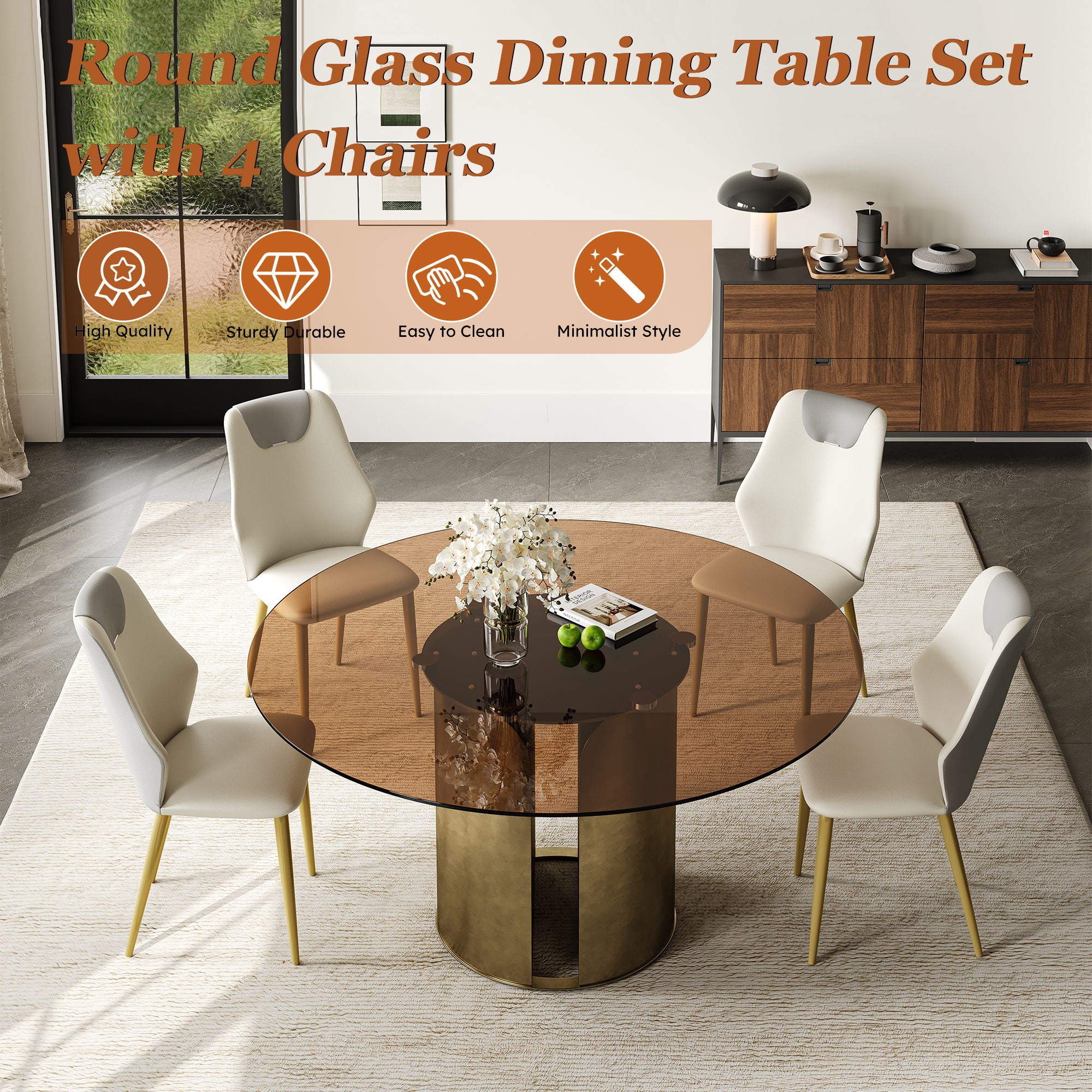 Modern Round Dining Table Set With Glass Top And Steel Legs