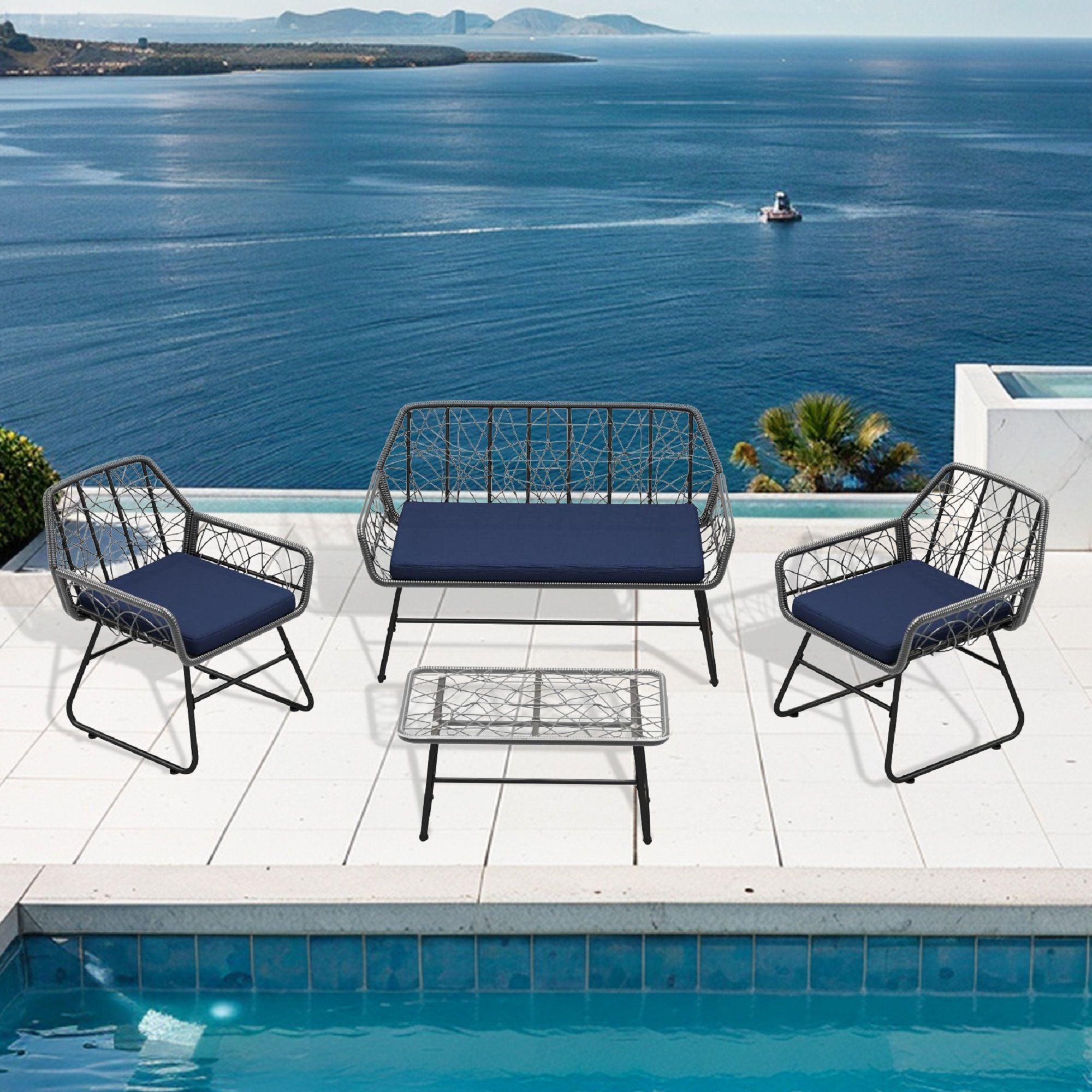 4 Piece Wicker Patio Furniture Set With Tempered Glass Table And Detachable Cushions