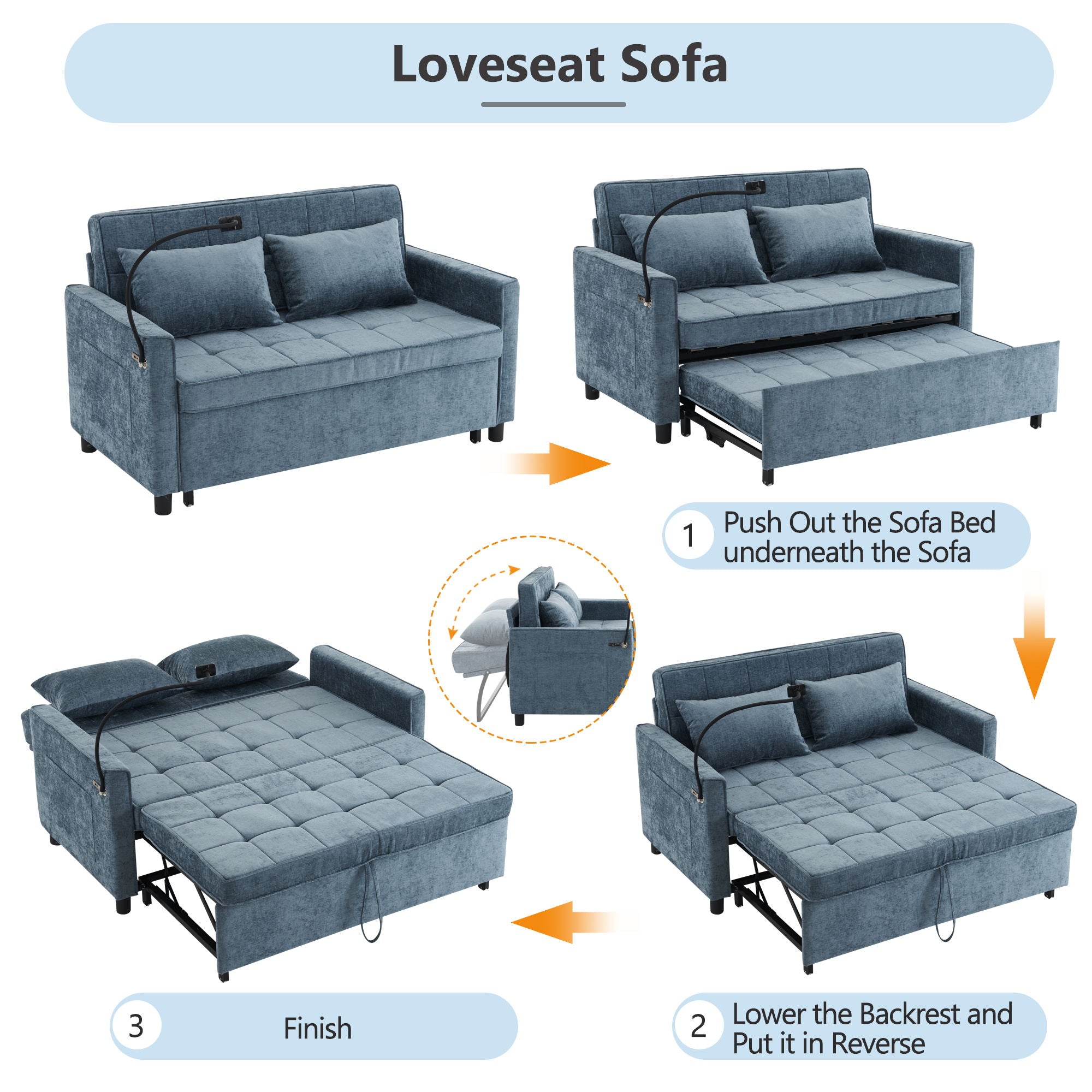 Pull-Out Sleeper Sofa With Reversible Backrest Cushion, Side Pockets, 2 USB Ports And A Phone Holder For Living Room