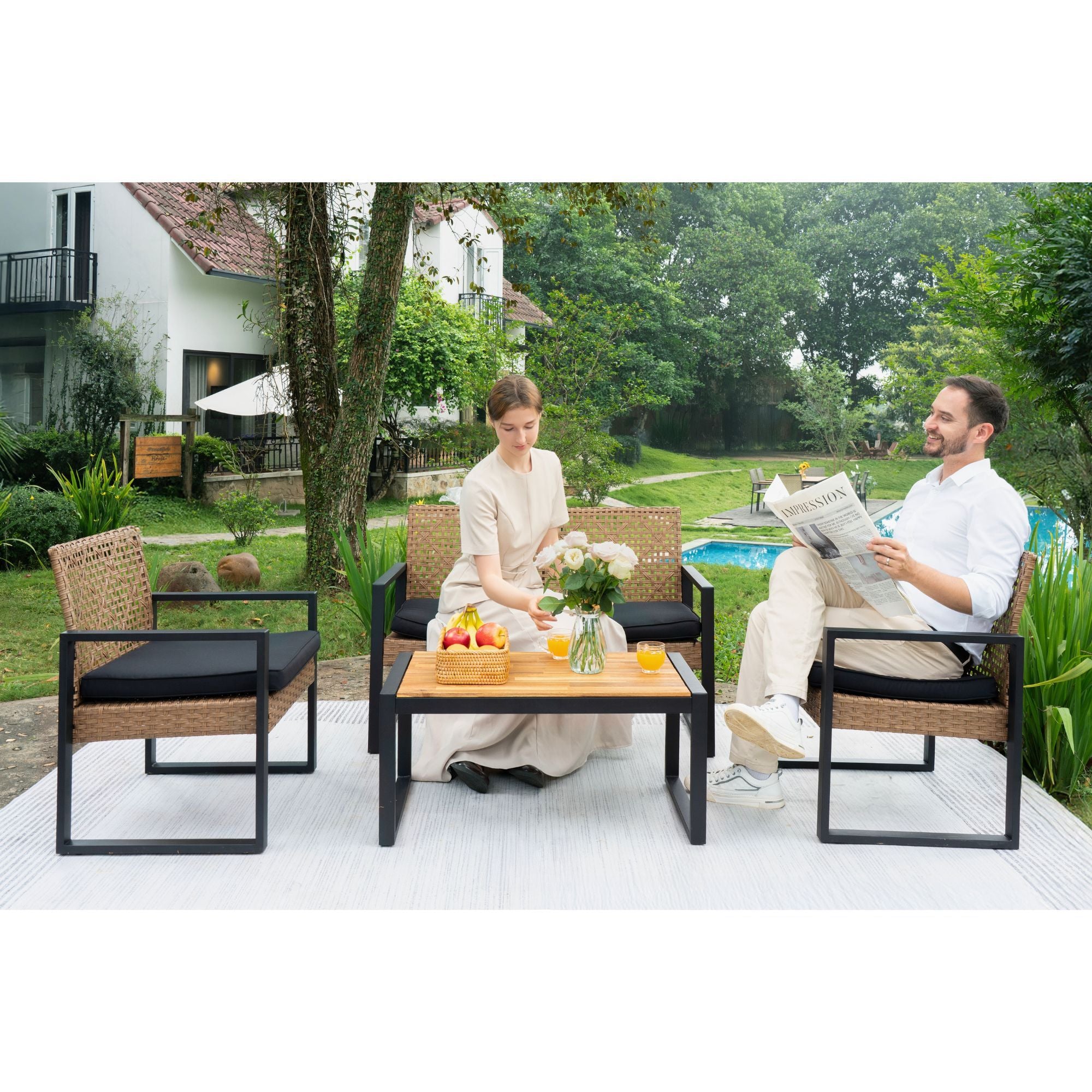 4 Piece Patio Furniture Set With Acacia Wood Table Top And Cushions