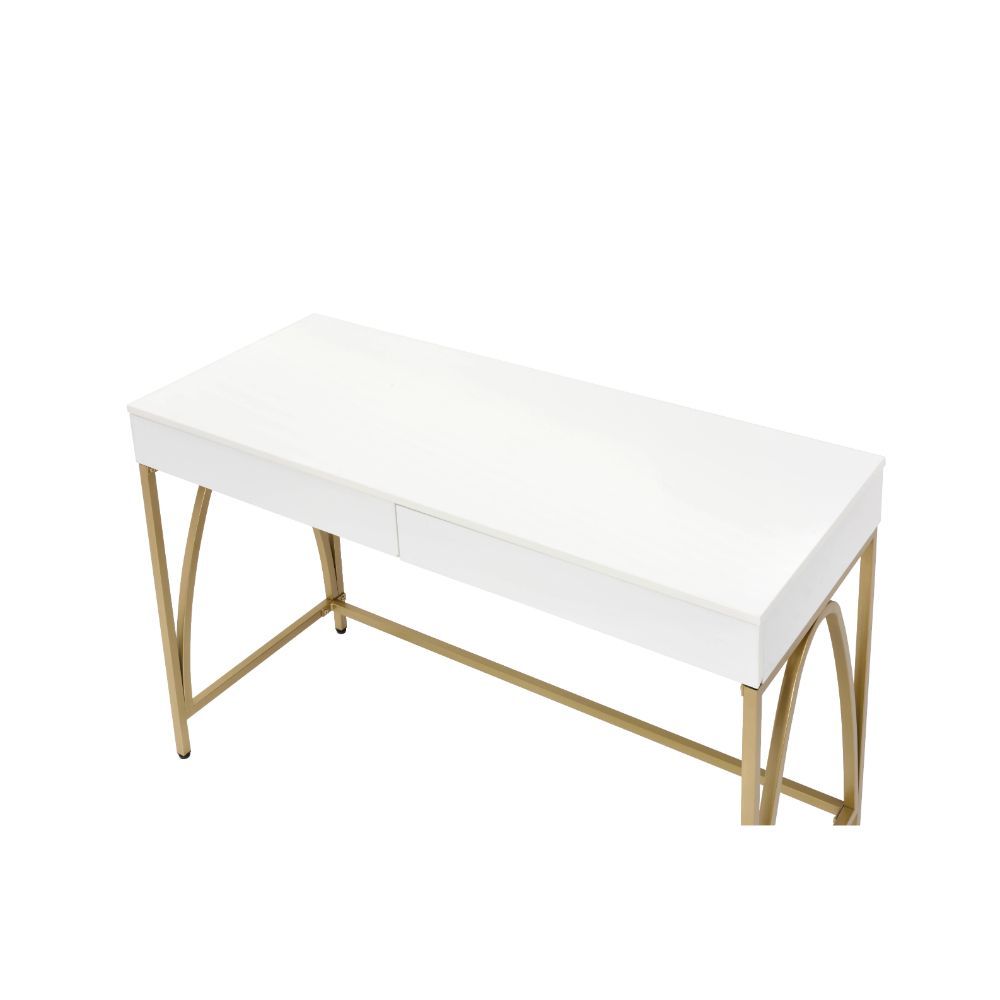 ACME Lightmane - Desk - White High Gloss & Gold | Meri Furniture