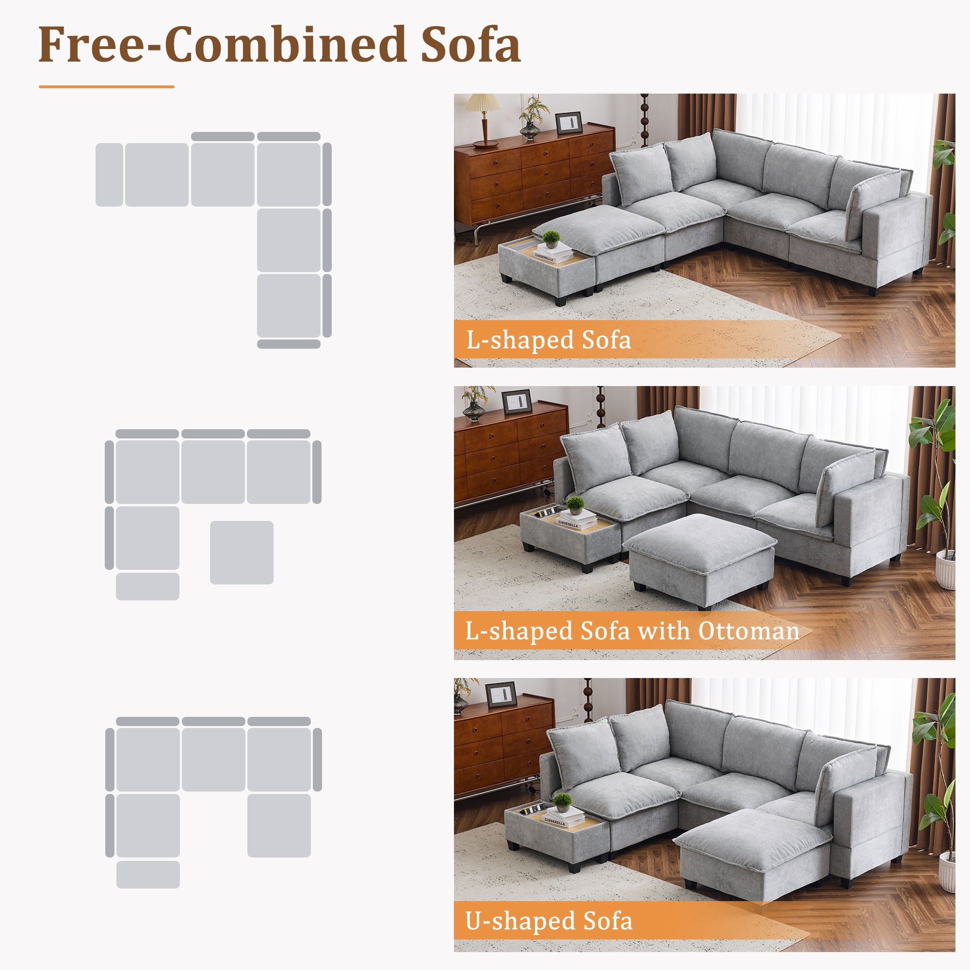 U-Shaped Sectional Modular Sofa With A Movable Ottoman, A Coffee Table With Hidden Charging Devices For Living Room