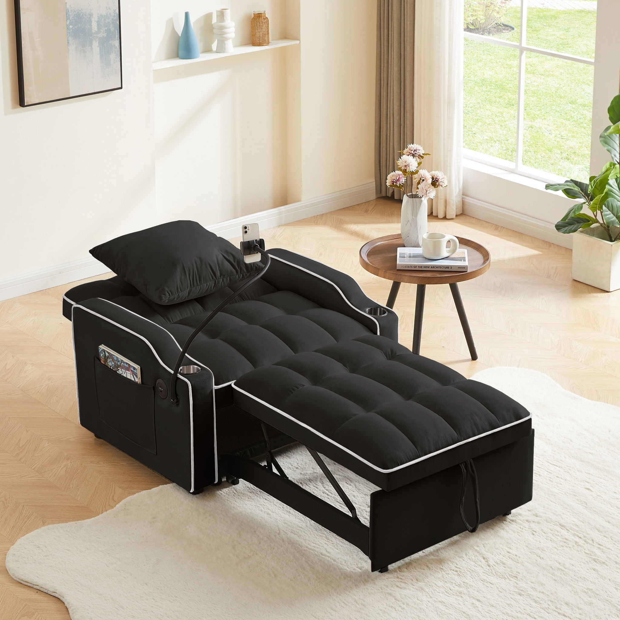 Convertible 3 In 1 Sofa Bed With Adjustable Sleeper Chair And Multi Pockets - Black