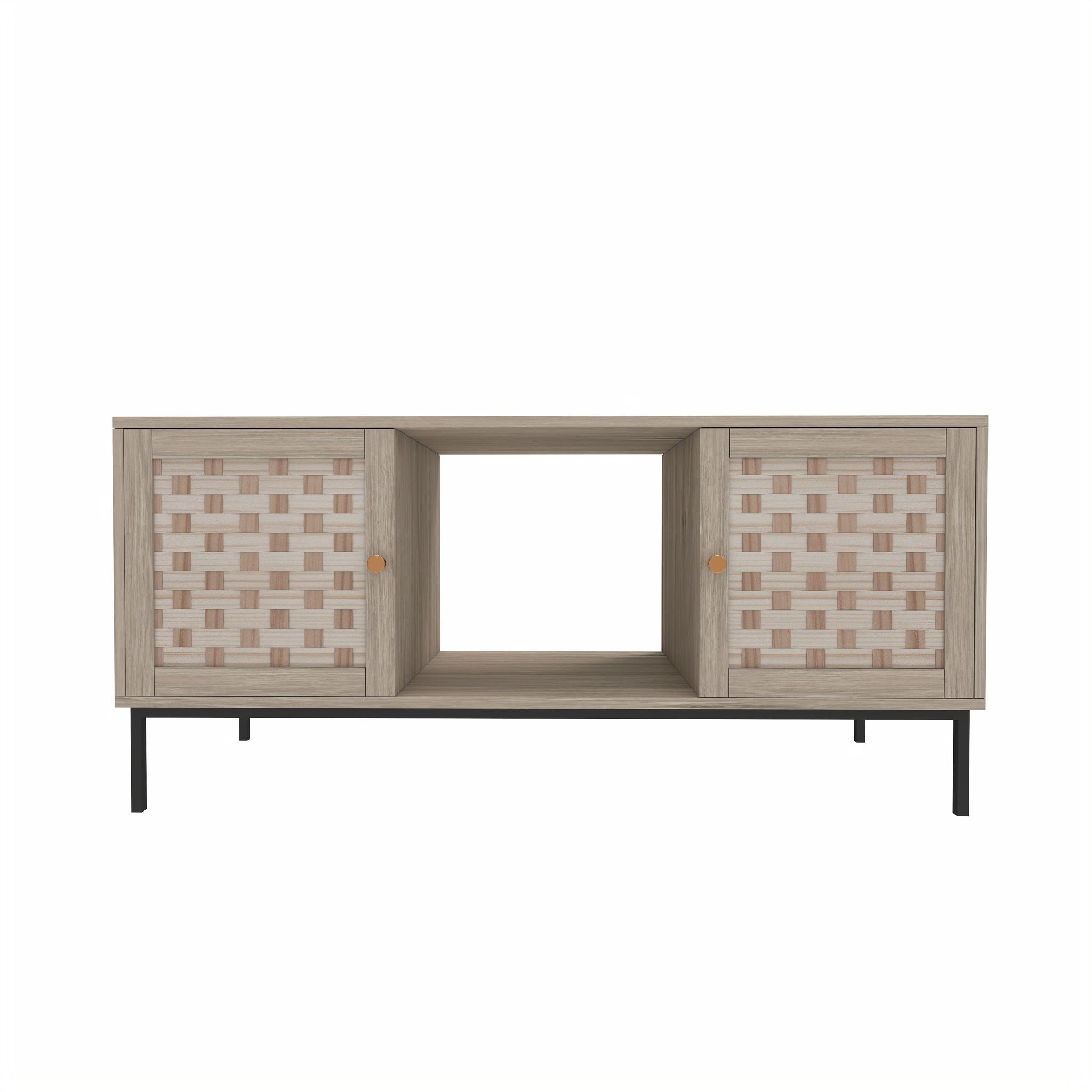 Elegant Veener Weaving Design Coffee Table With 4 Sliding Doors - Natural Wood