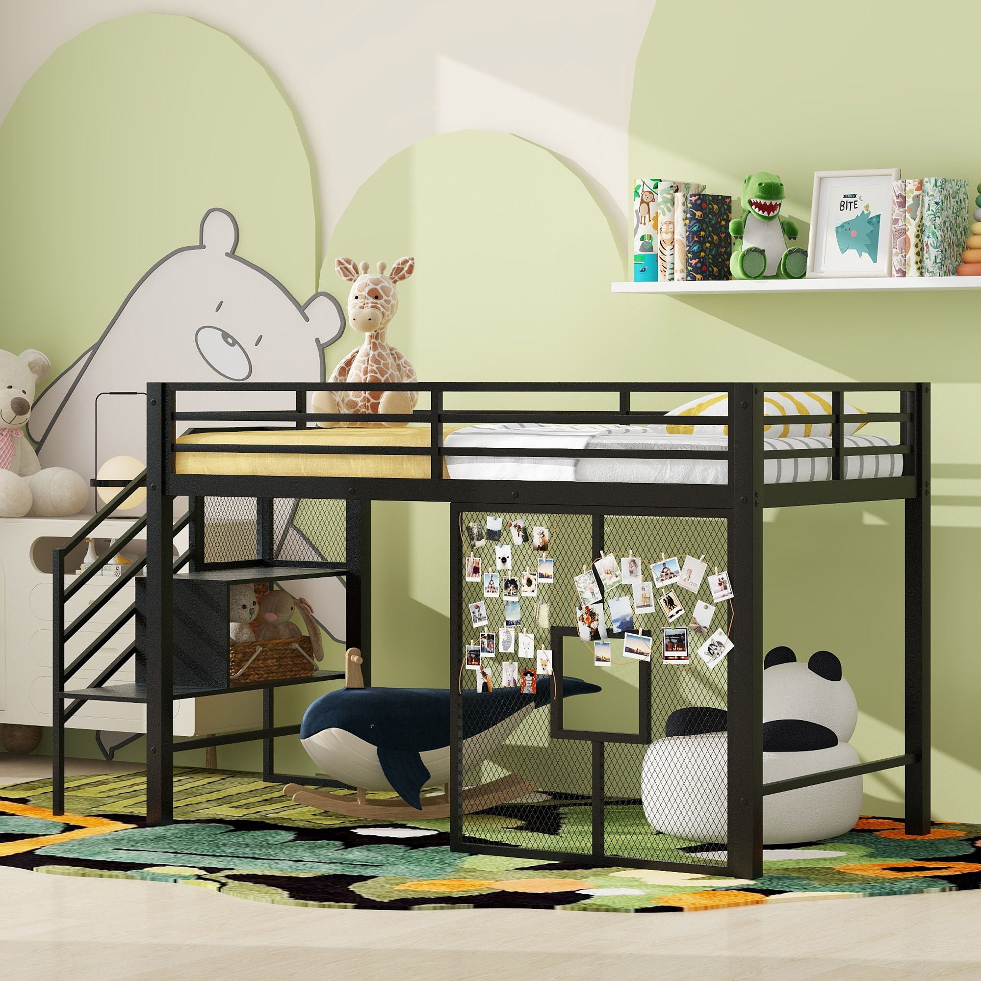 Twin Low Loft Bed Frame With Storage Staircase - Black