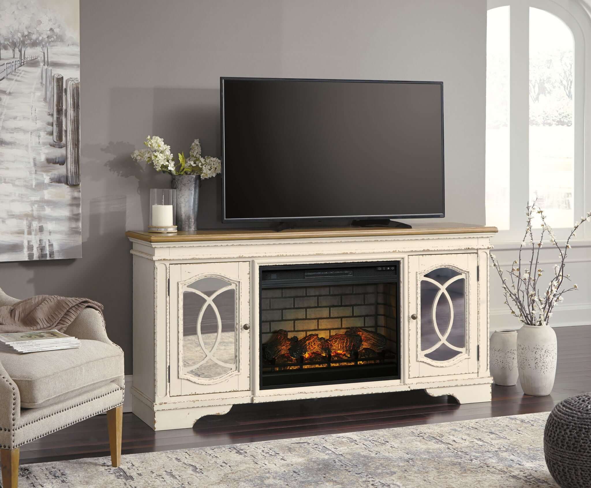 Realyn - 2 Pc. - 74" TV Stand with Electric Infrared Fireplace Insert - Chipped White