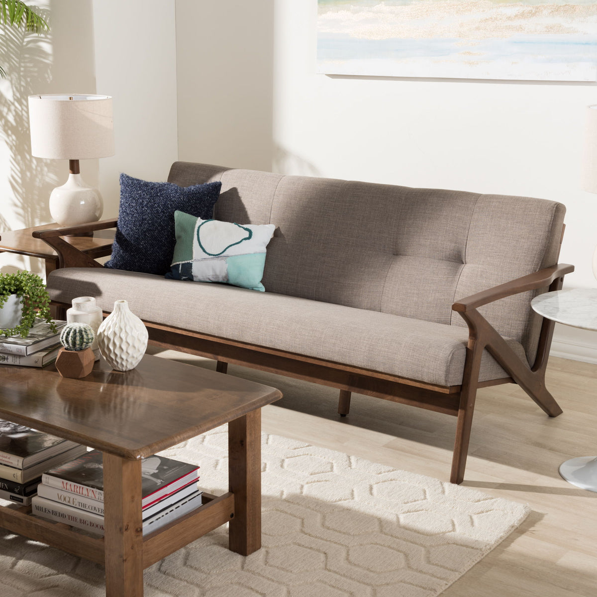 Bianca Mid-Century Modern Walnut Wood Light Grey Fabric Tufted 3-Seater Sofa