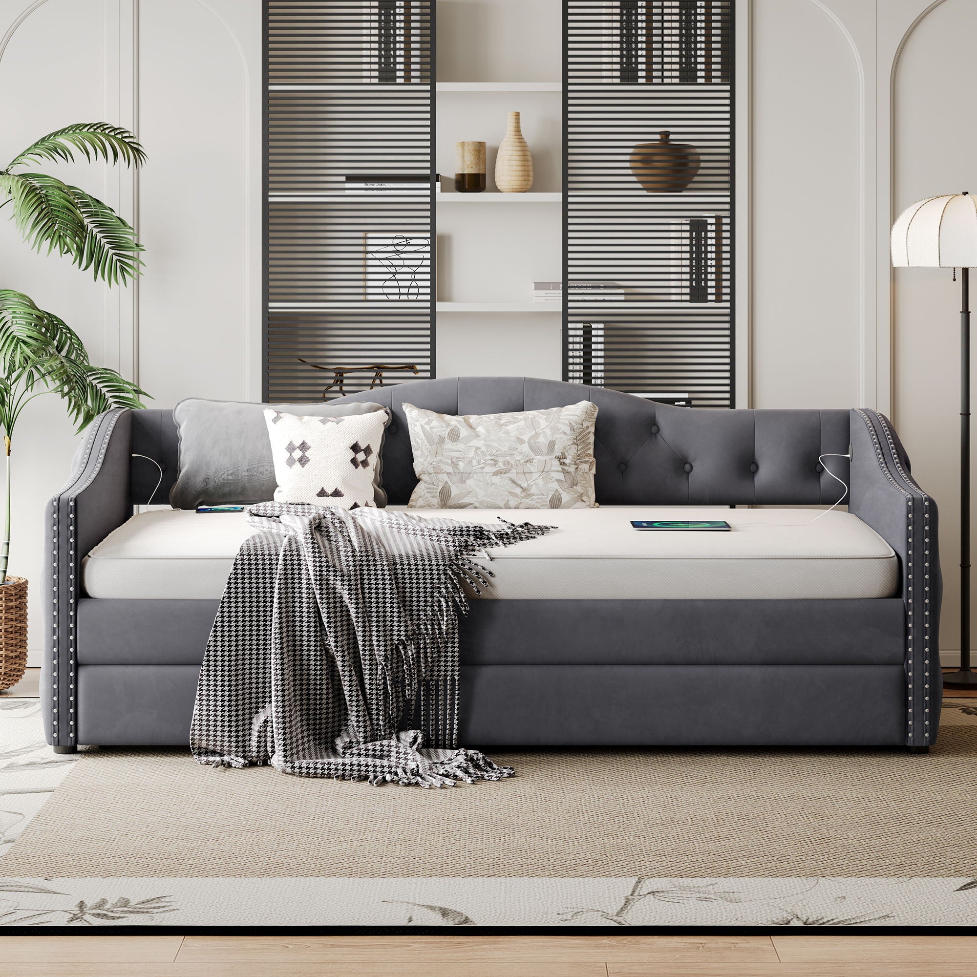 Twin Size Upholstered Daybed With Trundle And USB Charging Design For Bedroom - Gray