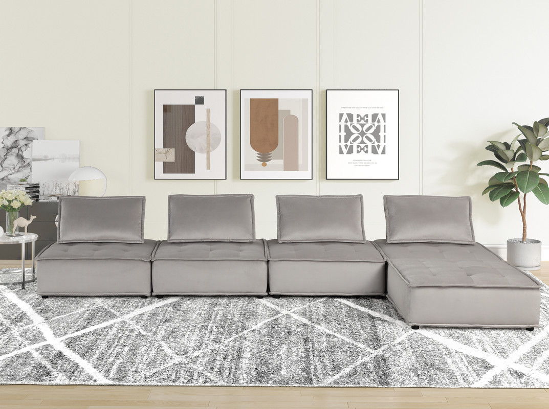 Anna 120"W Light Gray Velvet 5 Pc Sectional Sofa Ottoman