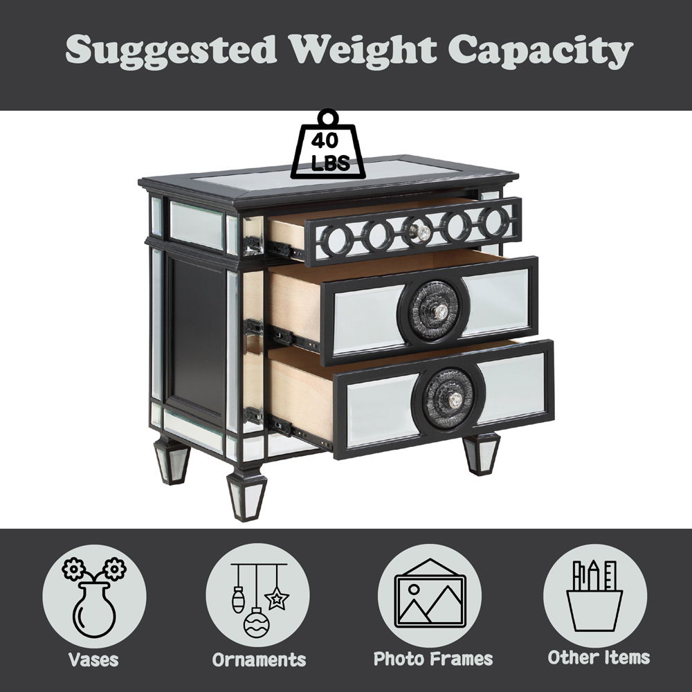 Varian II - Nightstand - Mirrored, Black & Sliver