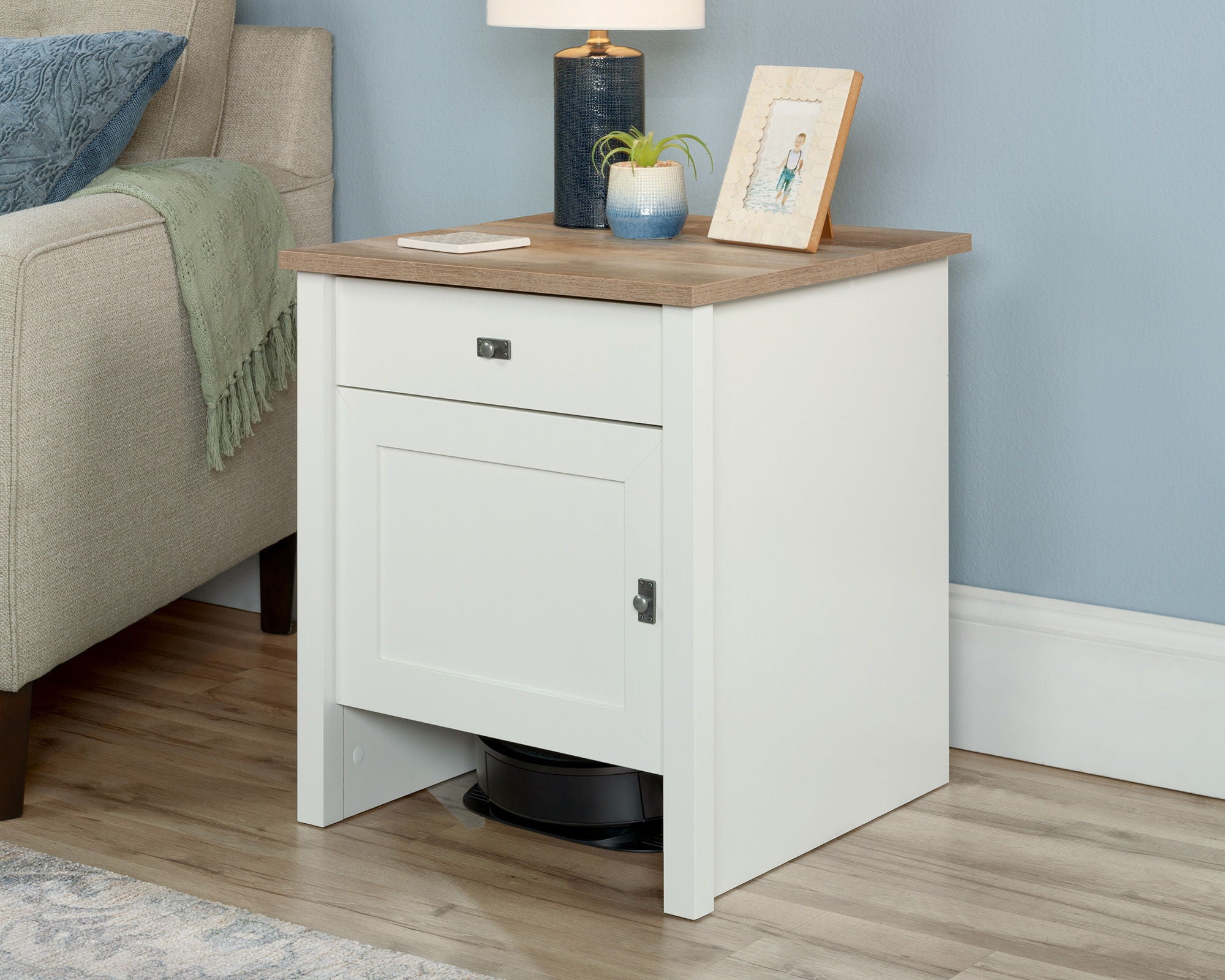 Robot Vacuum Storage Side Table in Soft White