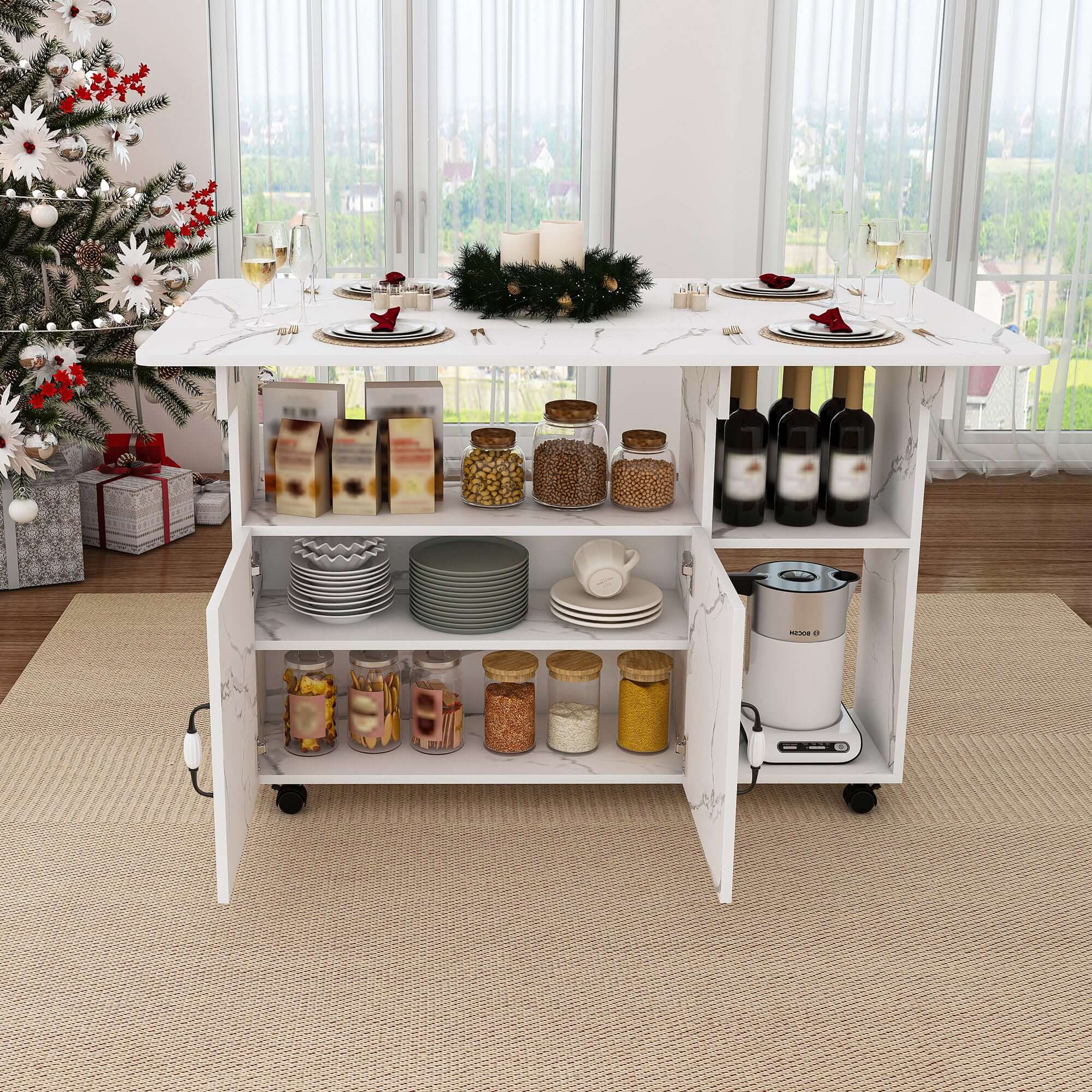 Multi Functional Folding Table With Storage Shelves And Wheels