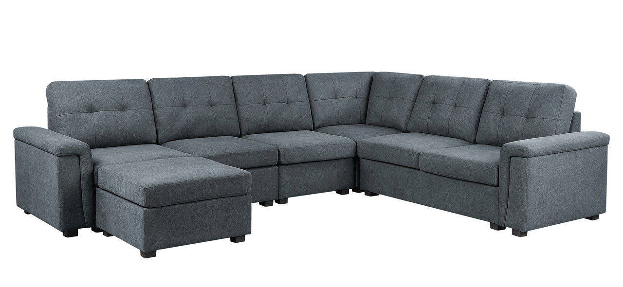 Isla 119"W Gray Woven Fabric 7-Seater Sectional Sofa with Ottoman
