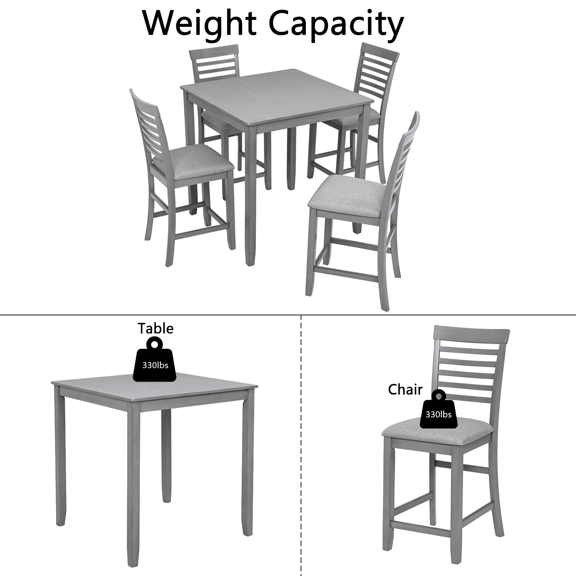 5 Piece Dining Table Set, Wooden Dining Square Table Set For 4, Counter Height Kitchen Table Set With Square Table And 4 Upholstered Chairs - Gray