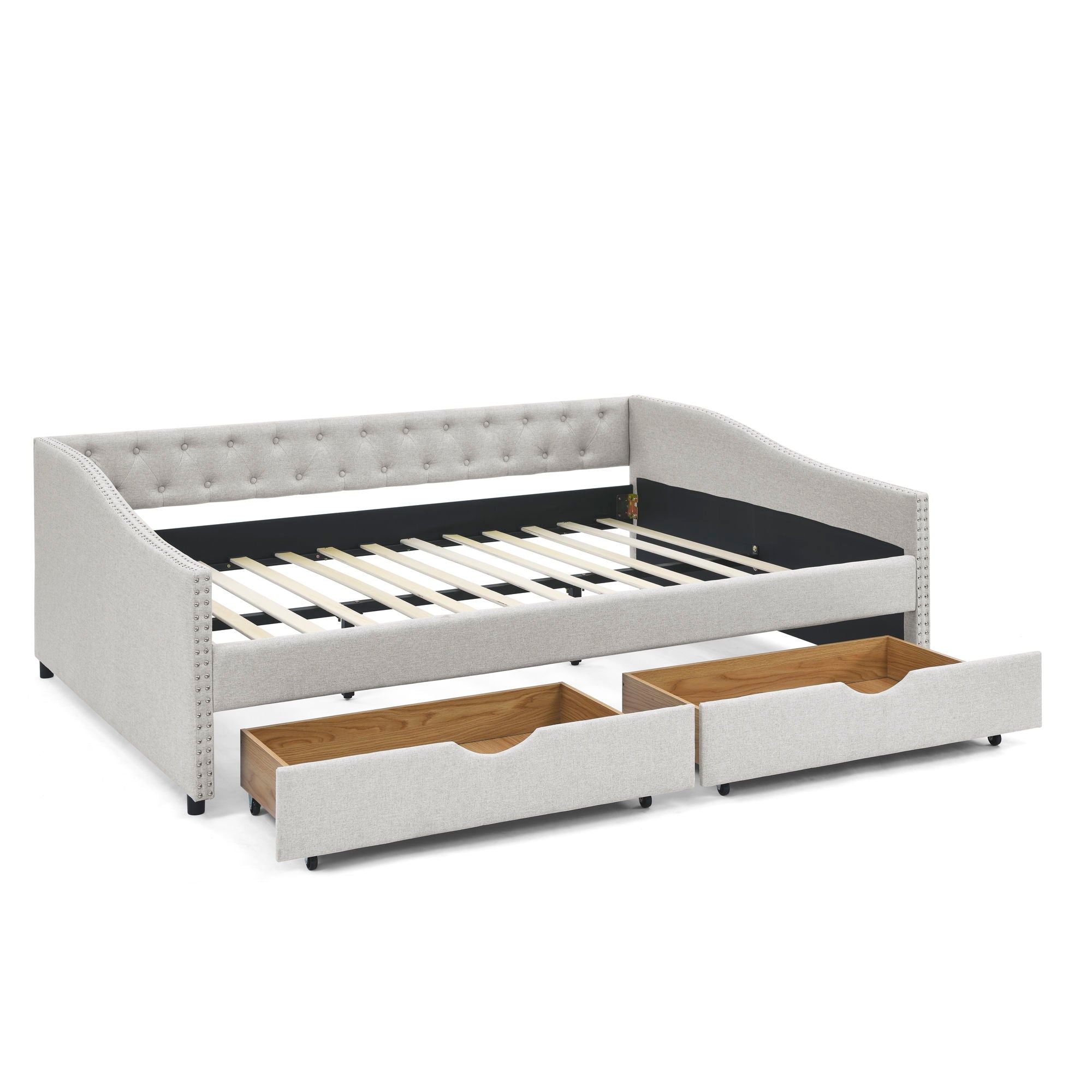 Upholstered Tufted Daybed With Drawers, Waved Arms