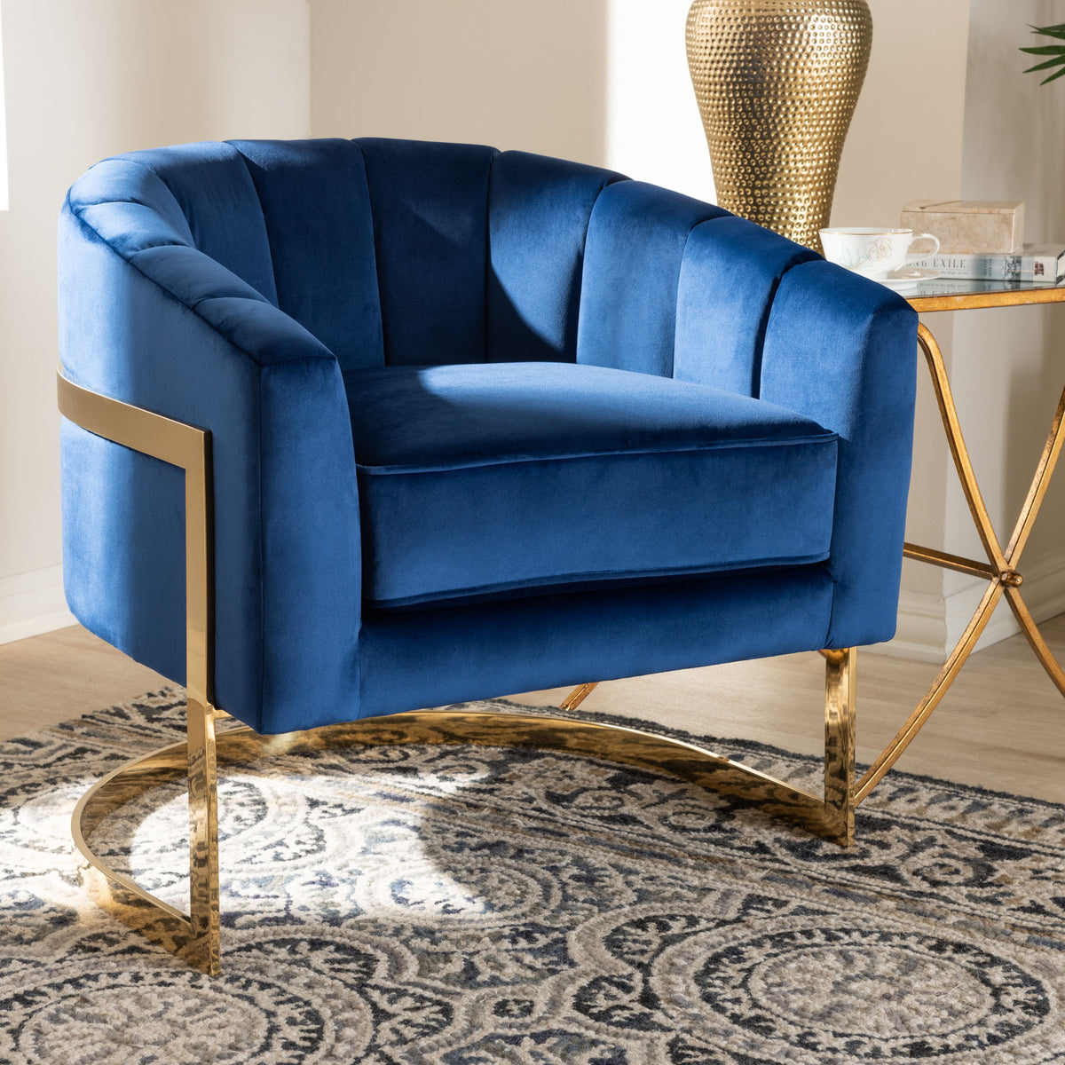 Tomasso Glam Royal Blue Velvet Fabric Upholstered Gold-Finished Lounge Chair