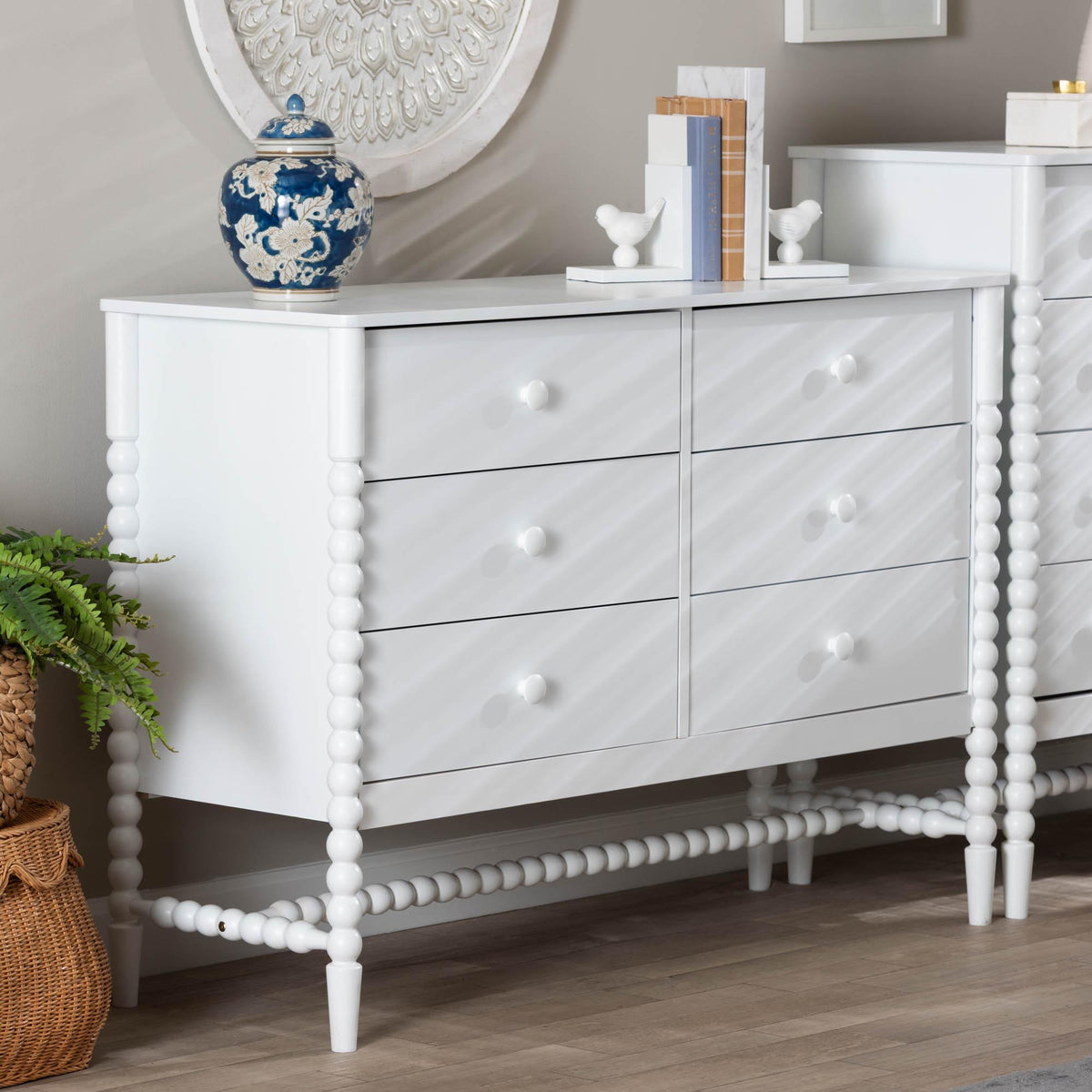 Brantley Spindle Dresser - 6-Drawer Horizontal Storage Cabinet with Beaded Frame and Elevated Base for Bedroom, White