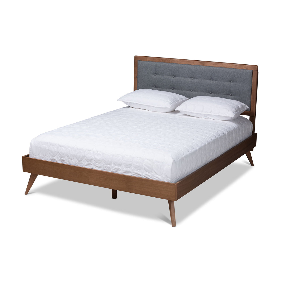 Ines Mid-Century Modern Dark Grey Fabric Upholstered Walnut Brown Finished Wood King Size Platform Bed