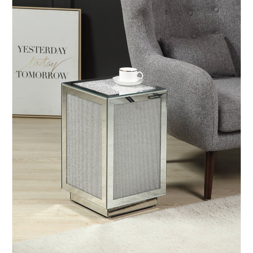 ACME Lavina - Accent Table - Mirrored & Faux Diamonds - 20" | Meri Furniture