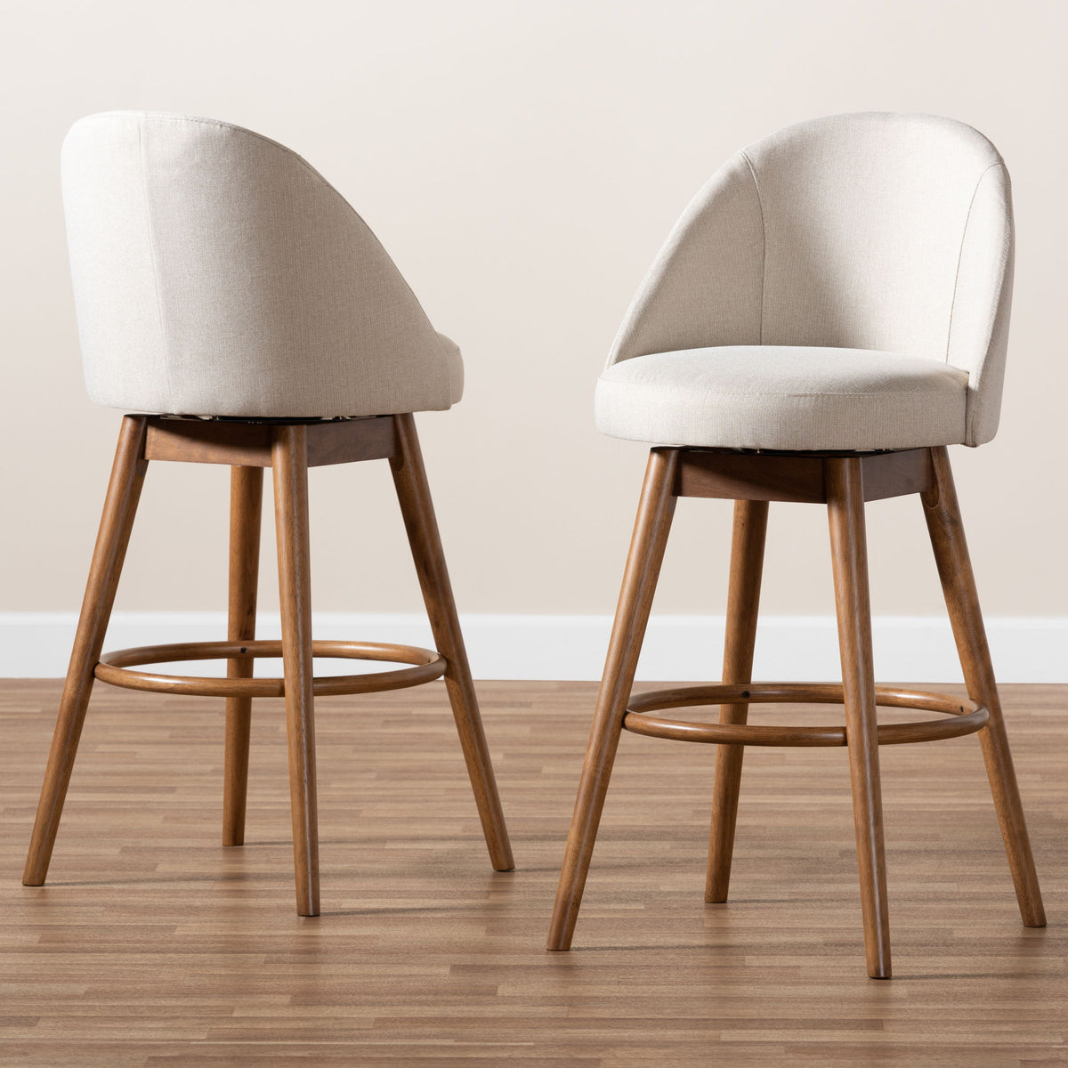 Carra Mid-Century Modern Light Beige Fabric Upholstered Walnut-Finished Wood 2-Piece Swivel Bar Stool Set