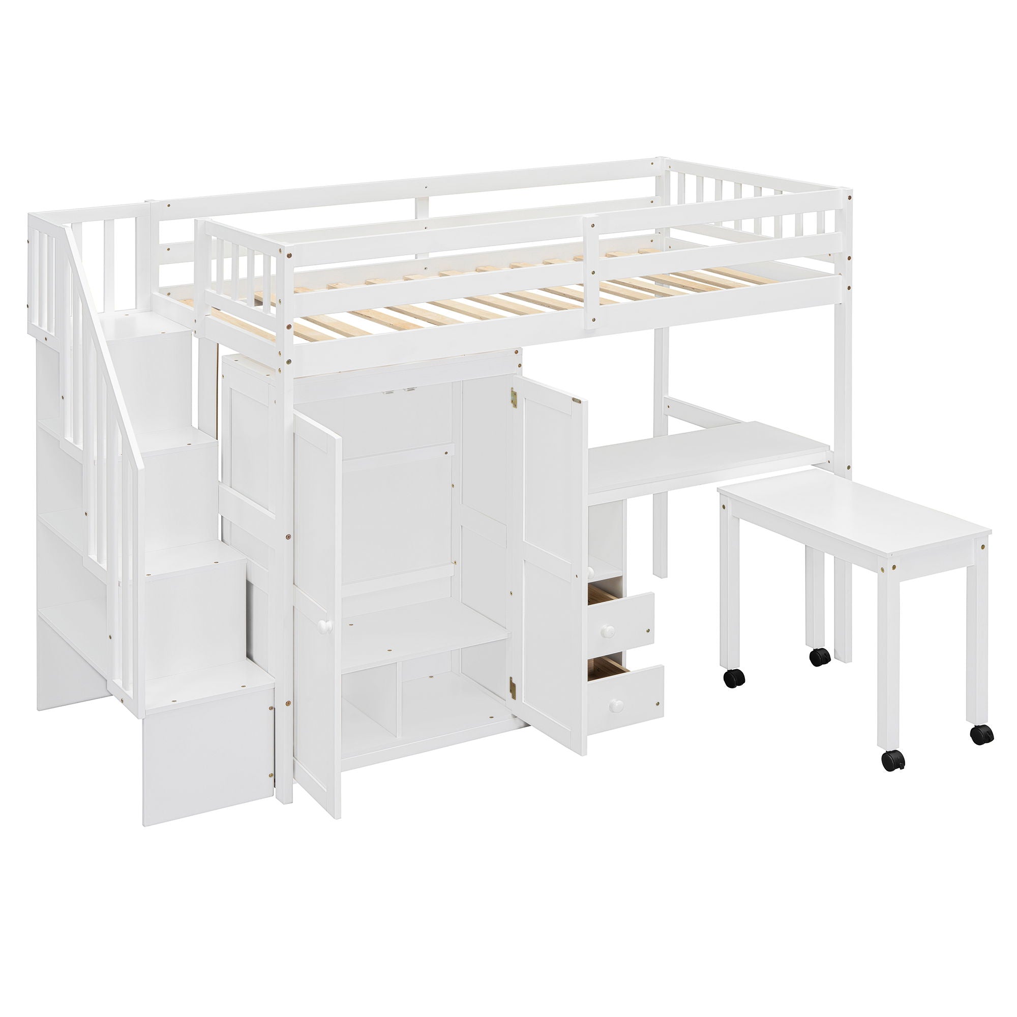 Loft Bed With Stairs, Bookshelf, Drawers, Desk & Wardrobe, Space Saving Multifunctional Furniture