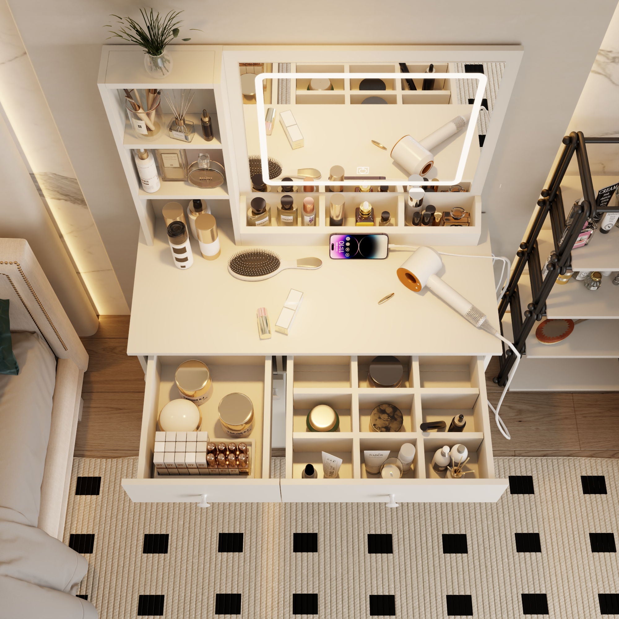 Fashion Vanity Desk With Mirror And Adjustable Lights, Makeup Table Set With 2 Drawers - White