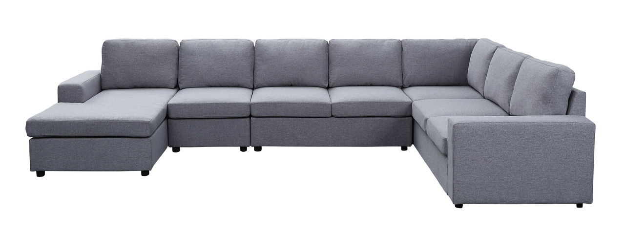 Tifton 147"W Light Gray Linen 7 Seat Reversible Modular Sectional Sofa Chaise