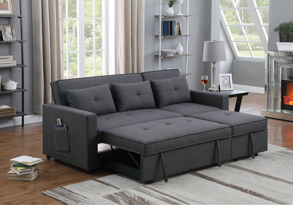 Zoey 79.75"W Dark Gray Linen Convertible Sleeper Sofa with Side Pocket
