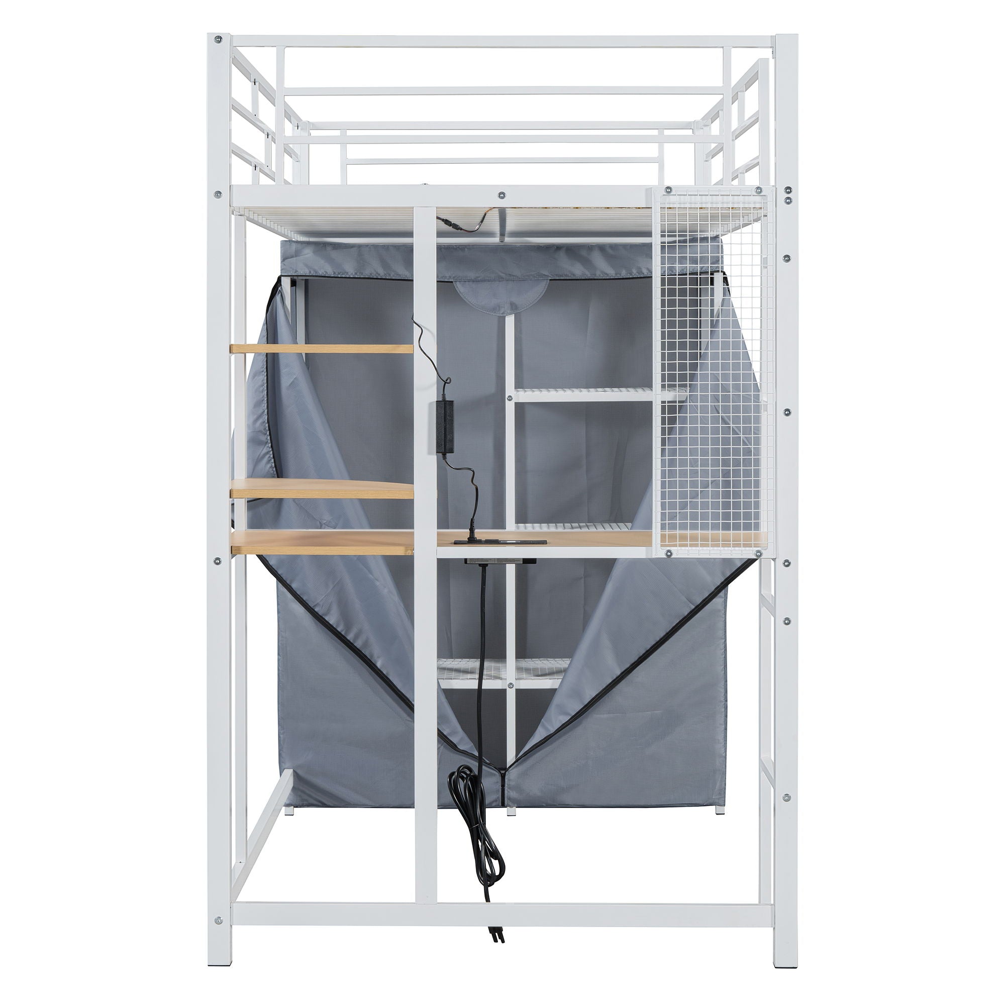 Loft Bed With Desk, Shelves, Power Outlet, LED Light And Wardrobe