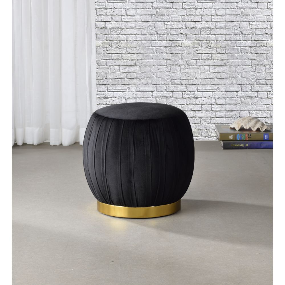 ACME Assembled, Backless Round Ottoman (NO Storage) • Fully Padded Seat: Velvet • Armless • Wooden Inner Frame • Metal Round Base. | Meri Furniture