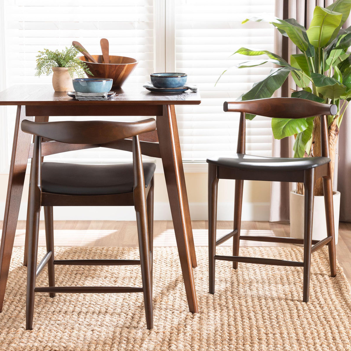 Eira Counter Stool Set of 2- Walnut Wood Frame Counter-height Chair with Curved Backrest and Black Faux Leather Seat, Mid-Century Modern Kitchen Island Seating