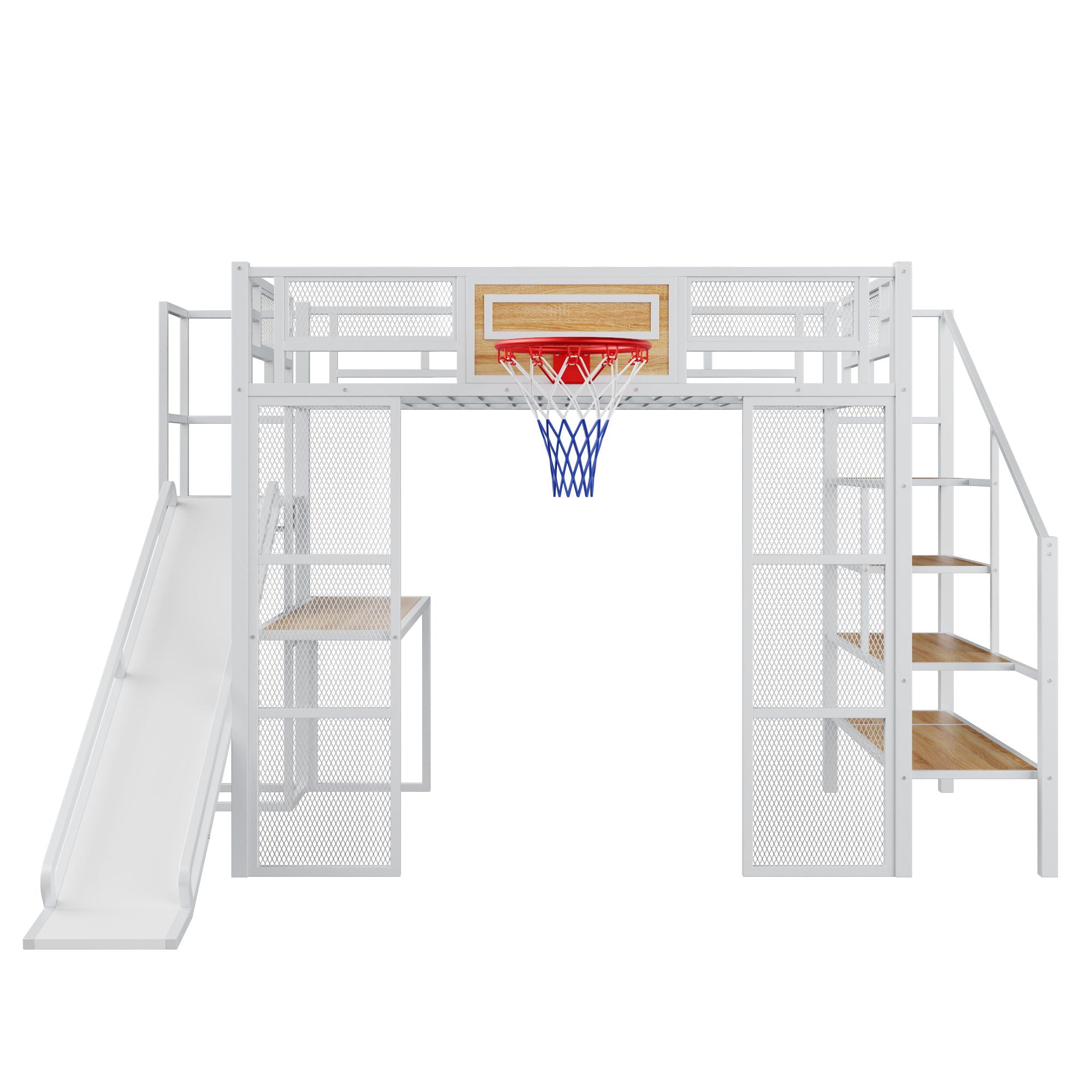 Loft Bed With Built In Desk, Open Wardrobe, Basketball Hoop, Slide And Staircase