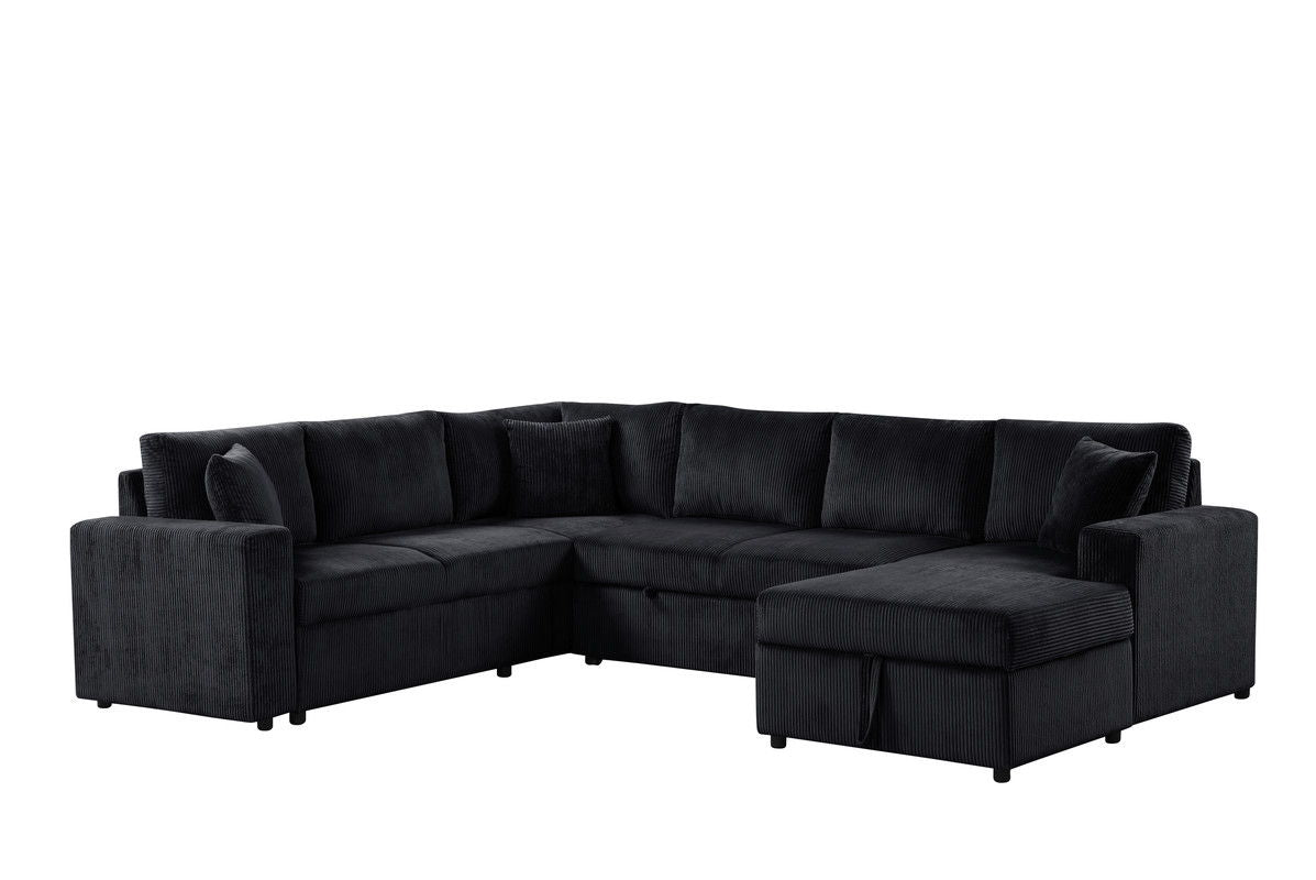 Ruxley 123"W Black Corduroy Sleeper Sectional Sofa with Right-Facing Storage Chaise and Throw Pillows