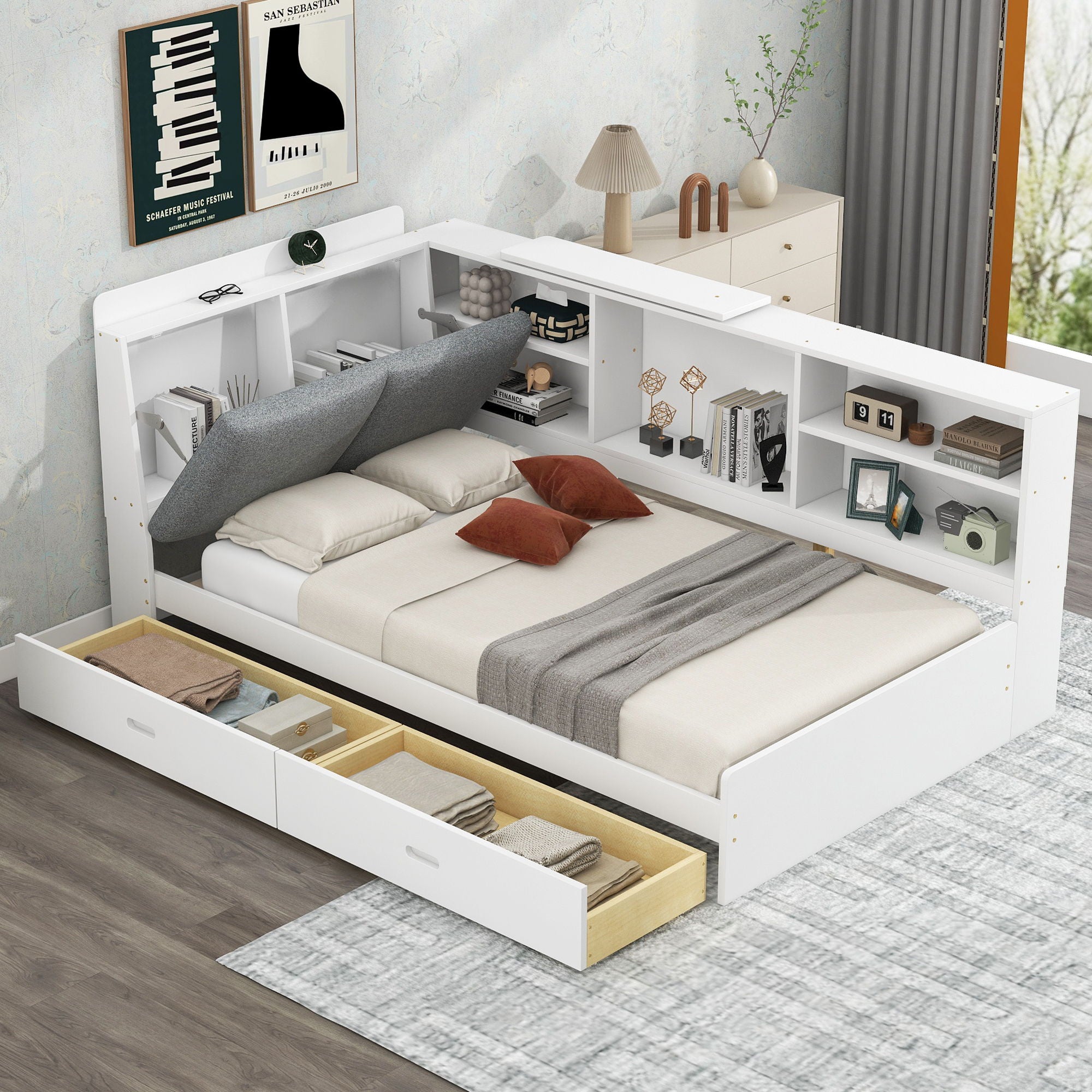 Platform Bed With Storage Headboard, Shelves And 2 Drawers