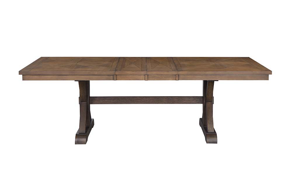 ACME Pascaline - Dining Table - Gray Fabric, Rustic Brown & Oak Finish | Meri Furniture