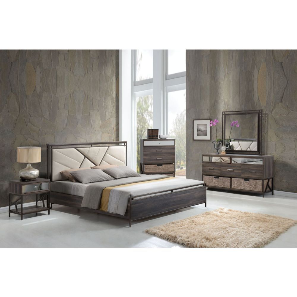 ACME Adrianna - Eastern King Bed - Cream Cotton Fabric & Walnut | Meri Furniture